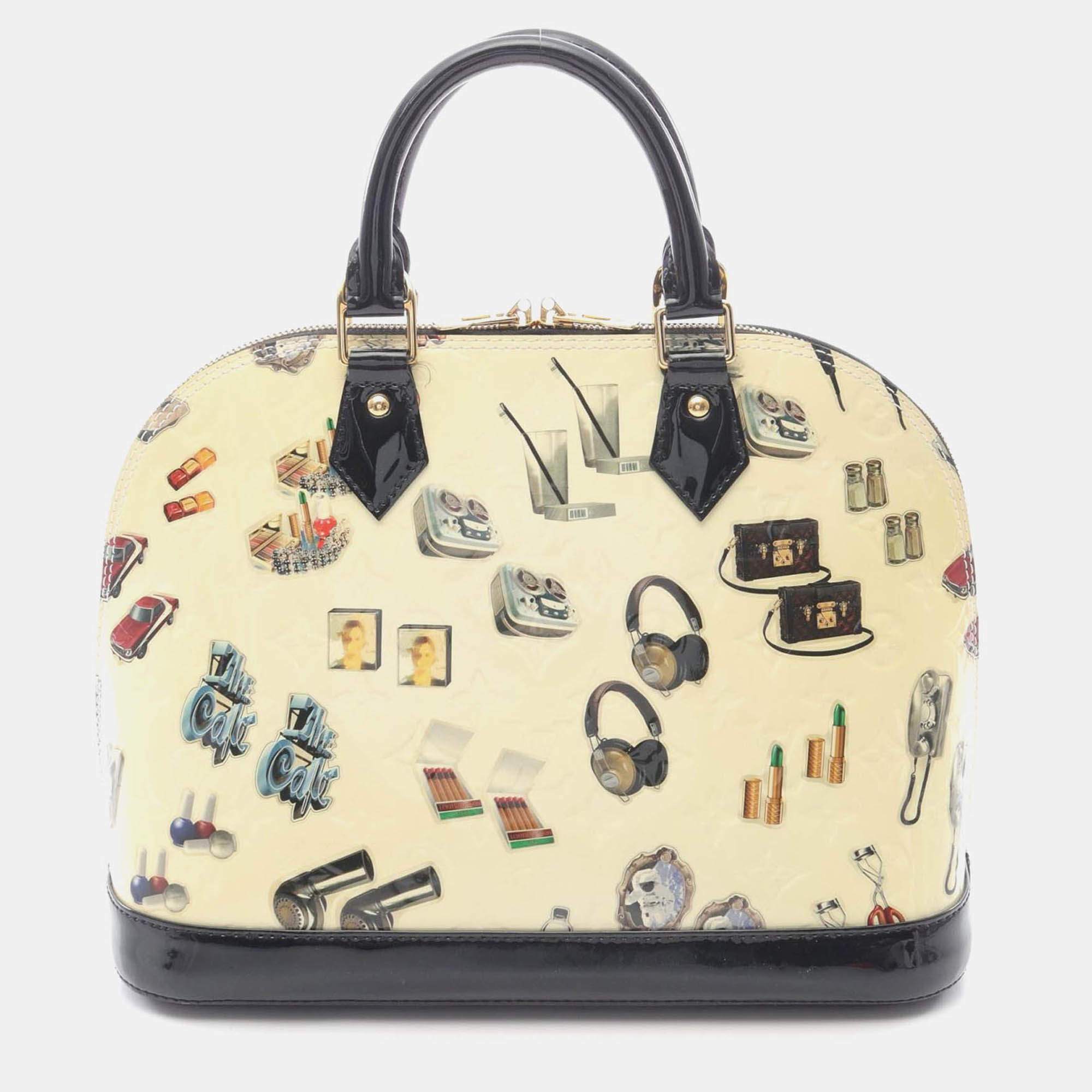 Pre Owned Louis Vuitton Alma Pm Sticker Animation Handbag  Vernis Leather White