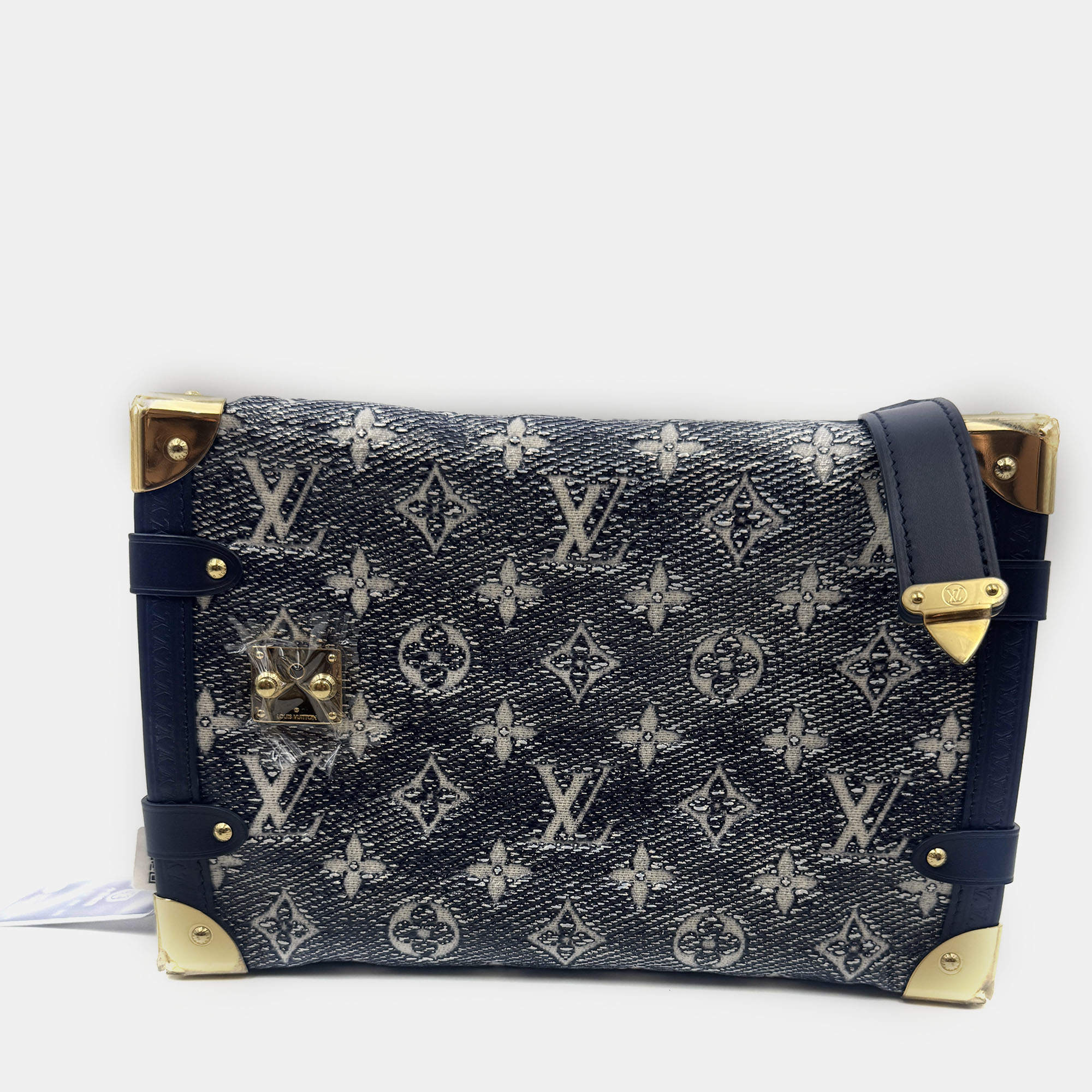 Pre Owned Louis Vuitton Grey Denim Leather Side Trunk Bag