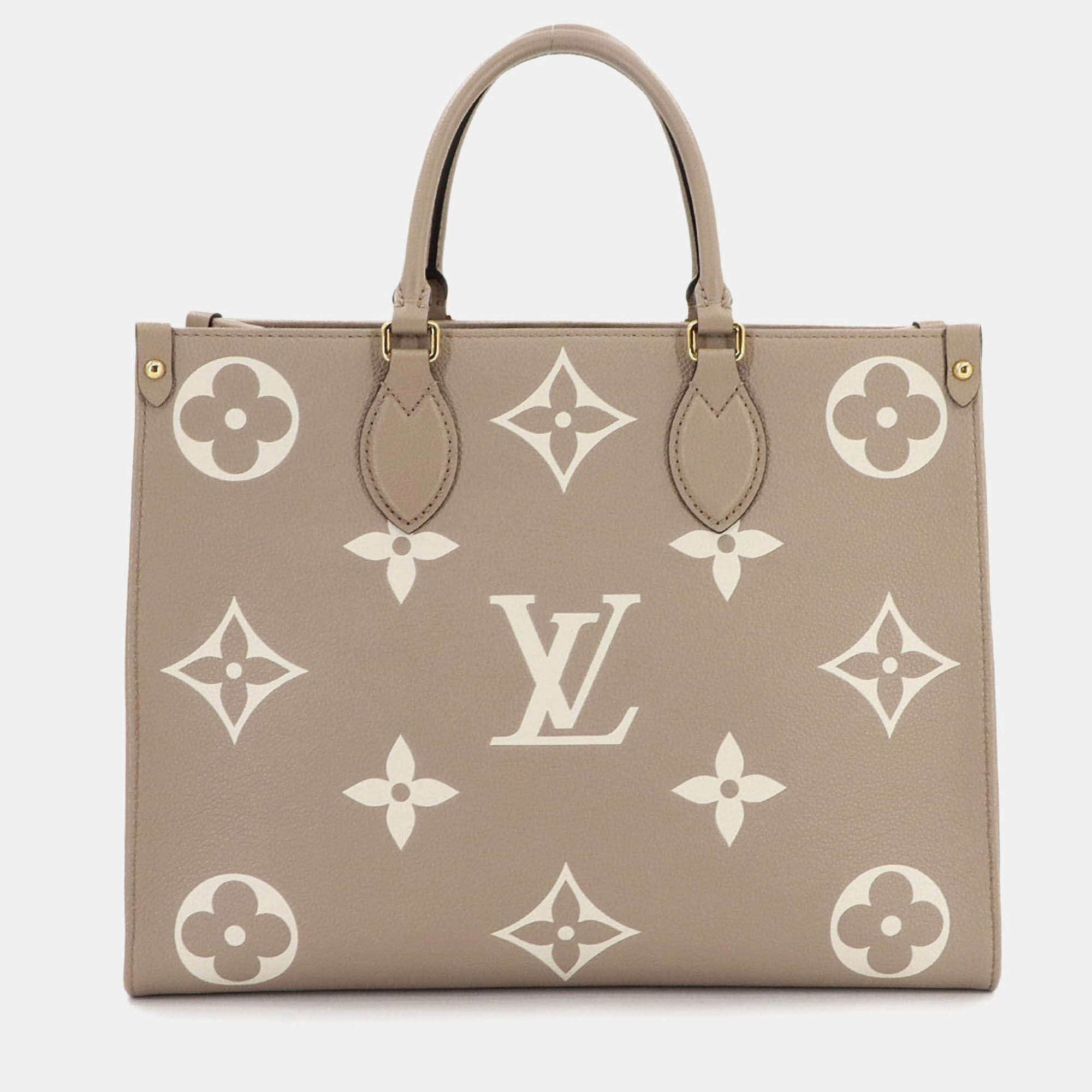Pre Owned Louis Vuitton Onthego MM Tourterelle Creme Monogram Empreinte Leather Tote Bag