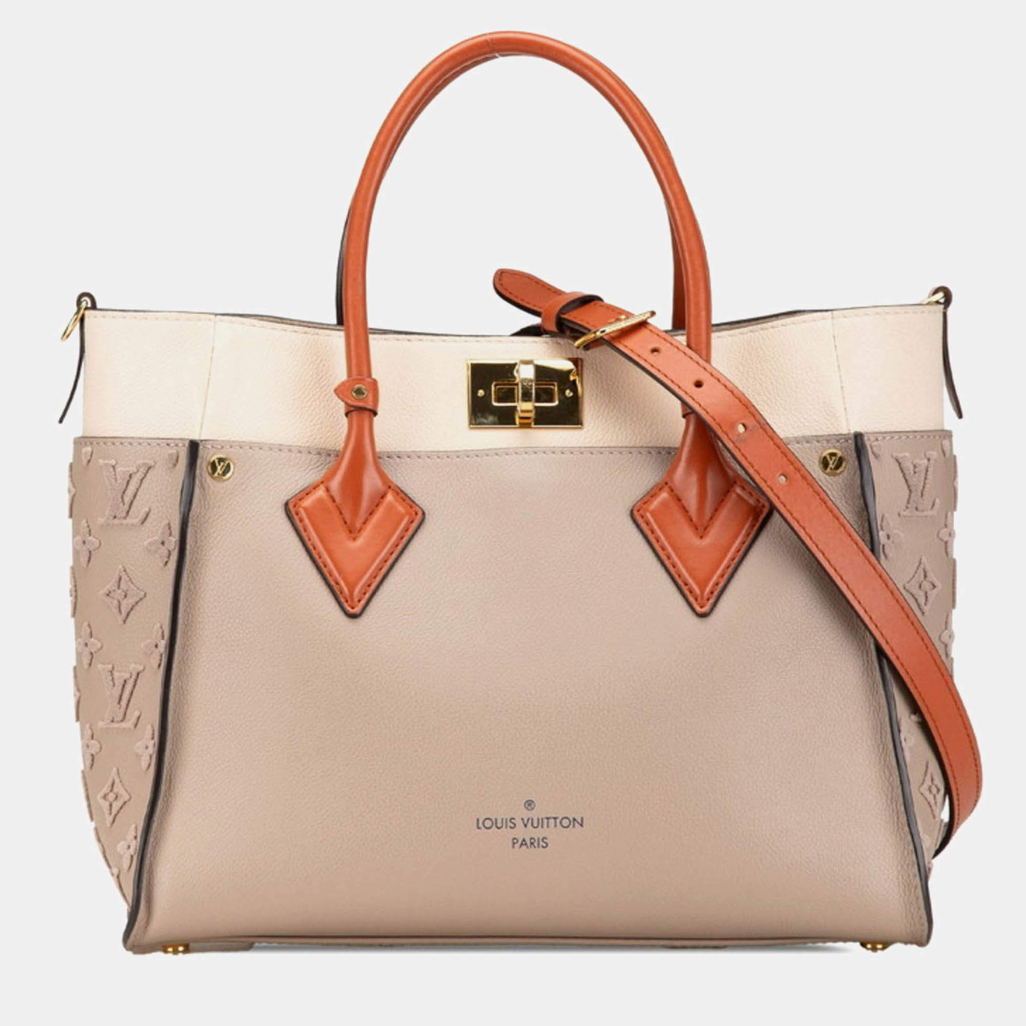 Pre Owned Louis Vuitton On My Side MM Galle, Gray Beige Monogram Leather Top Handle Bag