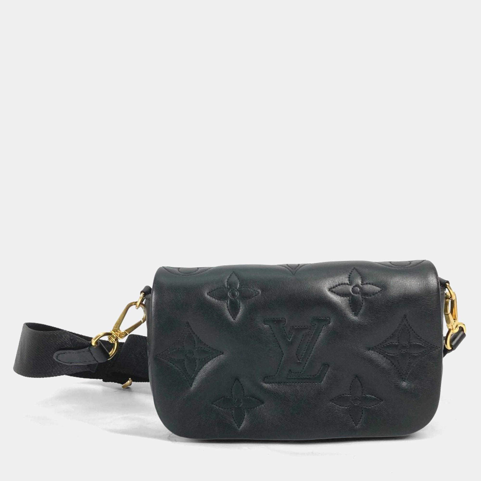 Pre Owned Louis Vuitton Monogram Bubblegram Black Leather Wallet-On-Strap