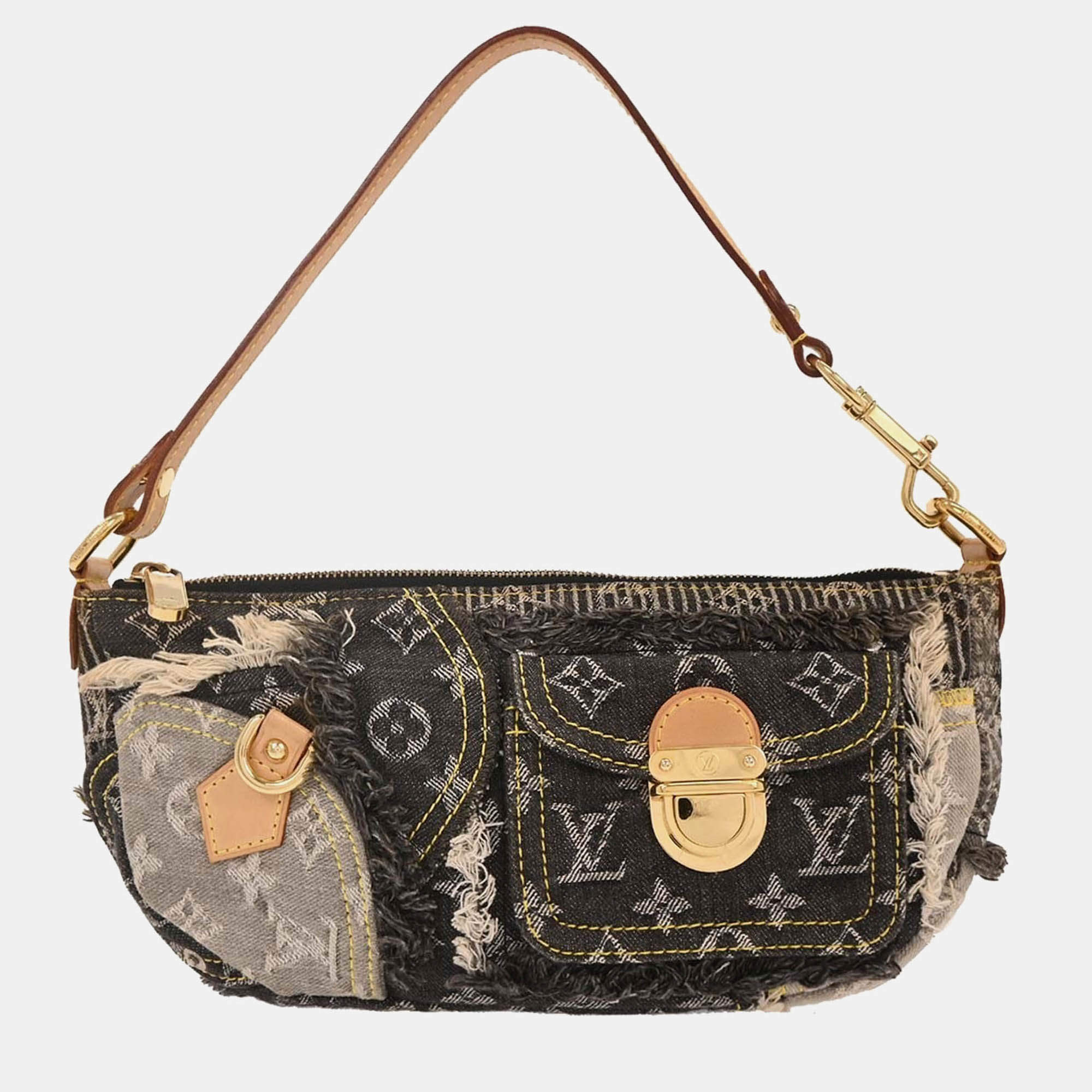 Pre Owned Louis Vuitton Pouchy Black Monogram Denim Patchwork Handbag