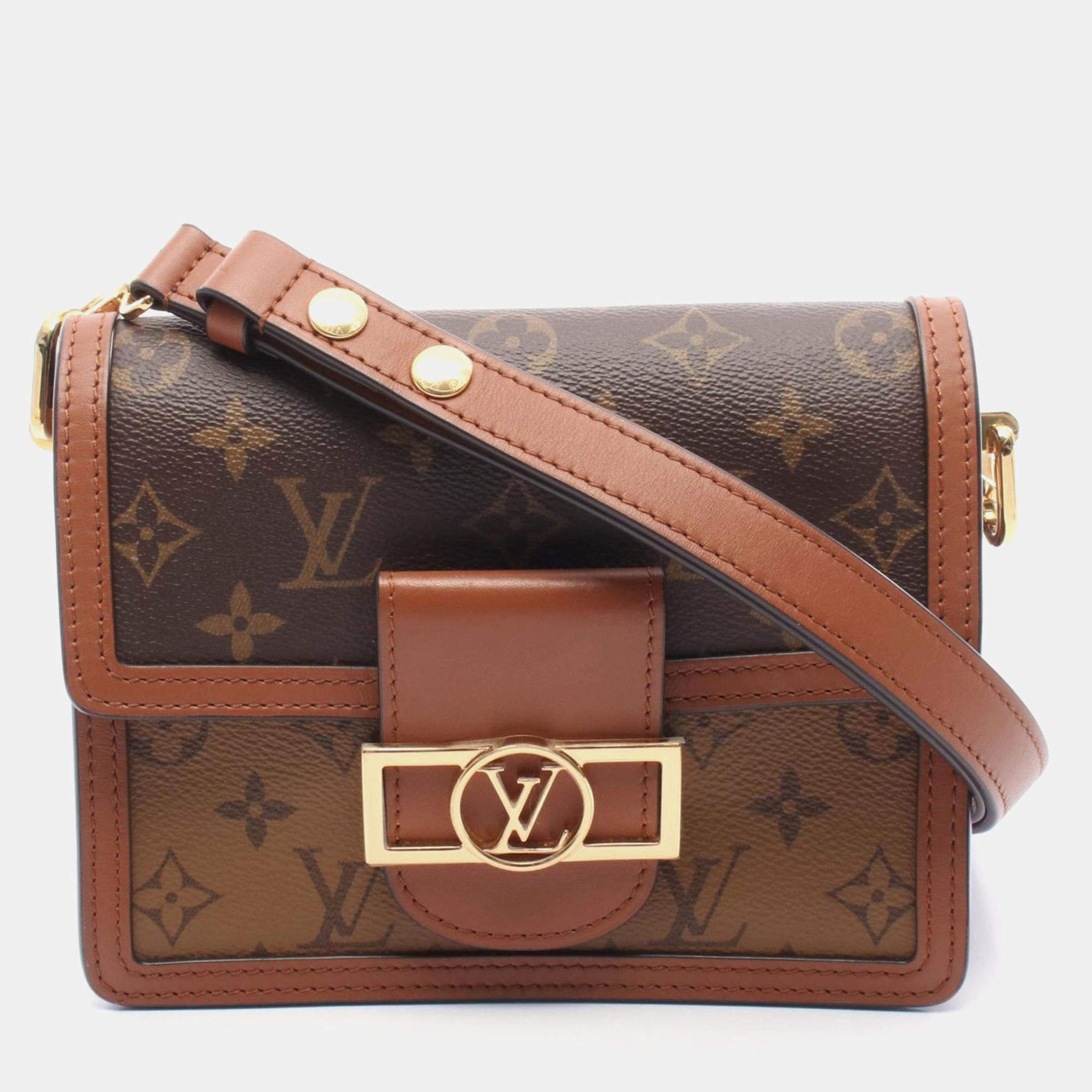 Pre Owned Louis Vuitton Dauphine Mini Monogram Reverse Shoulder Bag In Coated Canvas And Leather  Brown Beige