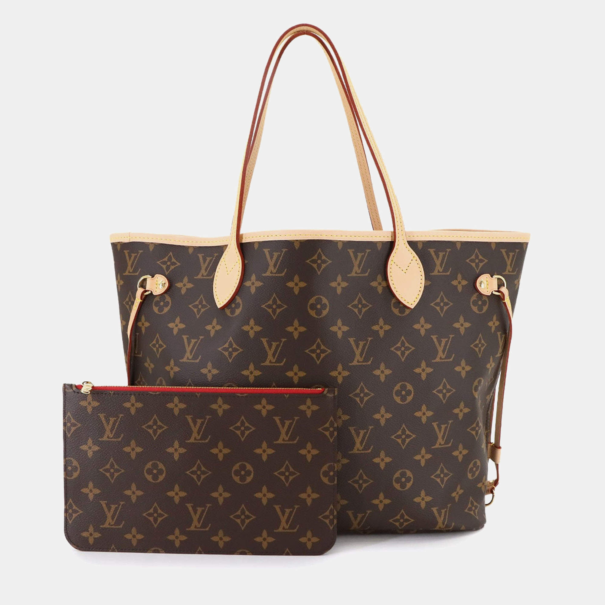 Pre Owned Louis Vuitton Monogram Neverfull Mm Tote Bag  Brown  Cerise