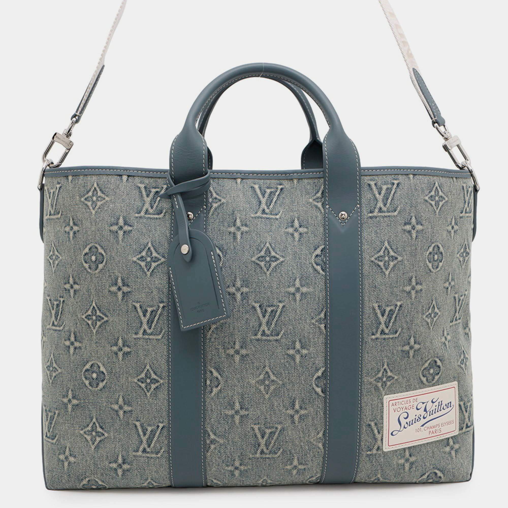 Pre Owned Louis Vuitton Monogram Washed Denim Weekend Tote Bag Nm