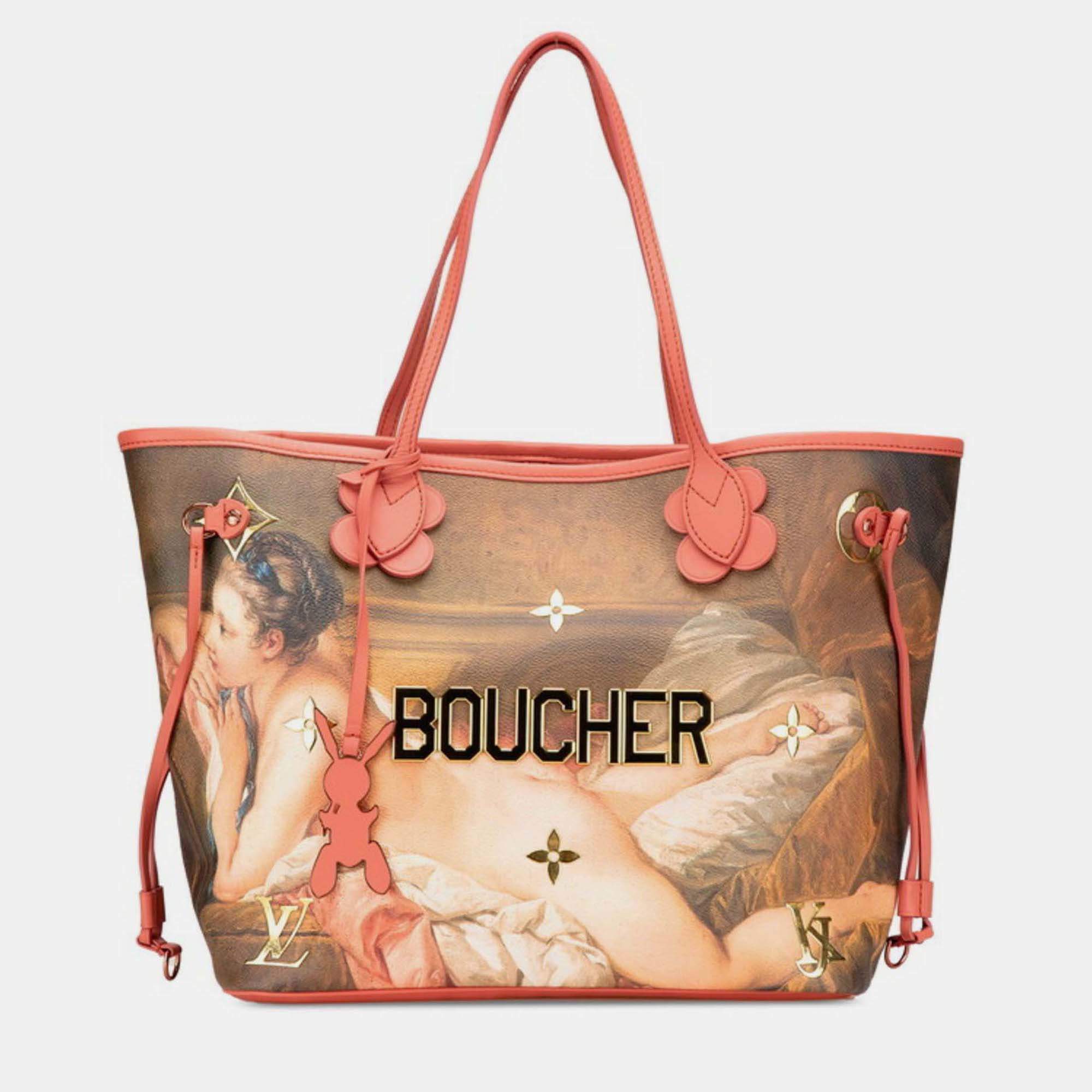 Pre Owned Louis Vuitton X Jeff Koons Neverfull Mm Tote Bag Brown And Pink Leather