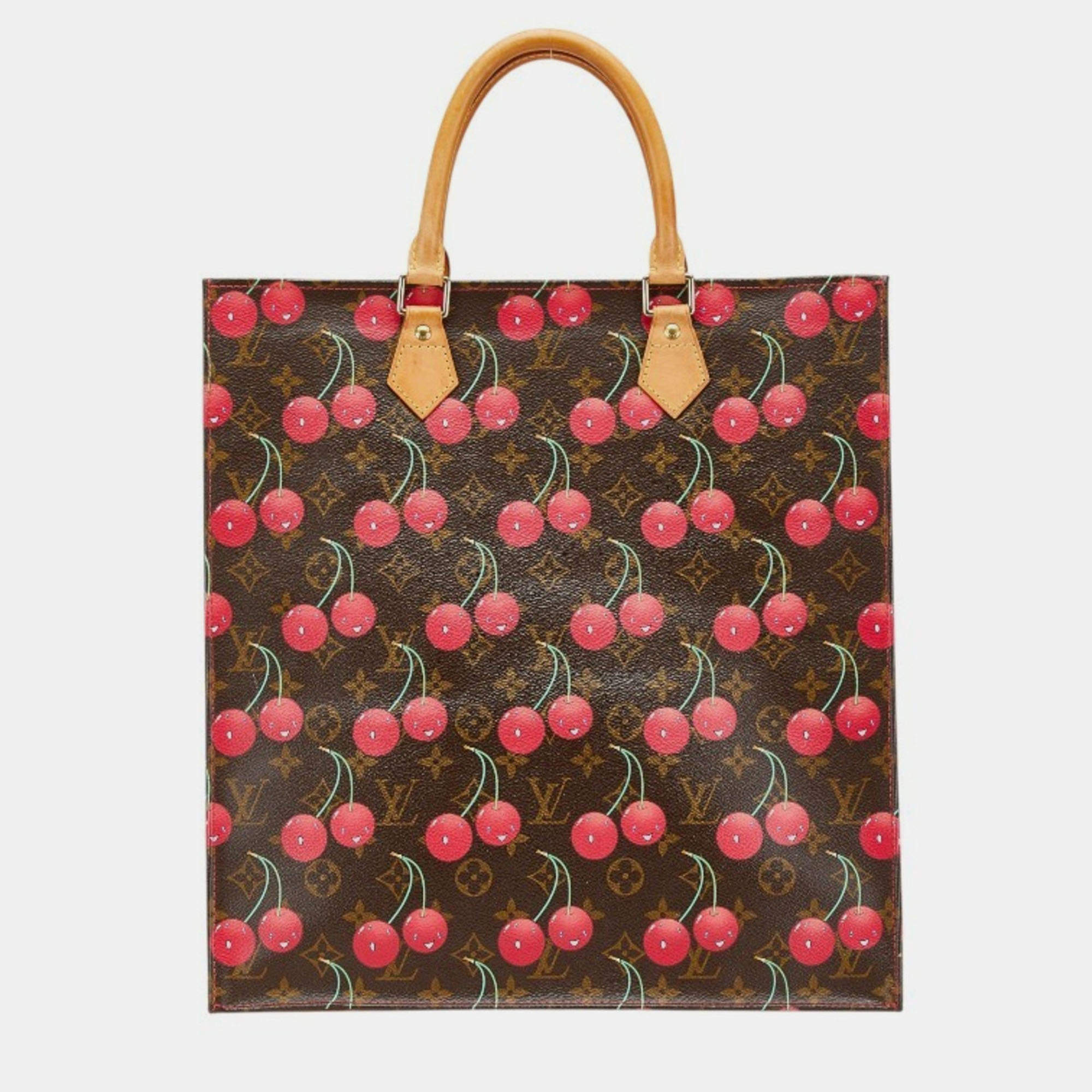 Pre Owned Louis Vuitton X Takashi Murakami Monogram Cherry Sac Plat Tote Bag Brown Leather