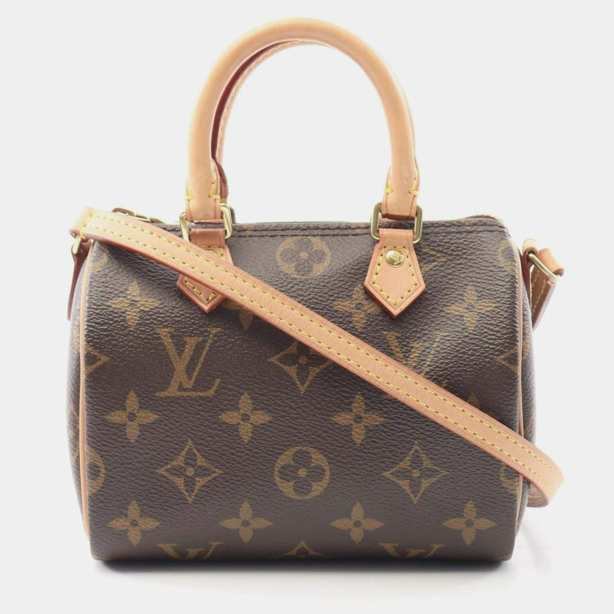 Pre Owned Louis Vuitton Nano Speedy Monogram Brown Coated Canvas Leather Shoulder Bag 