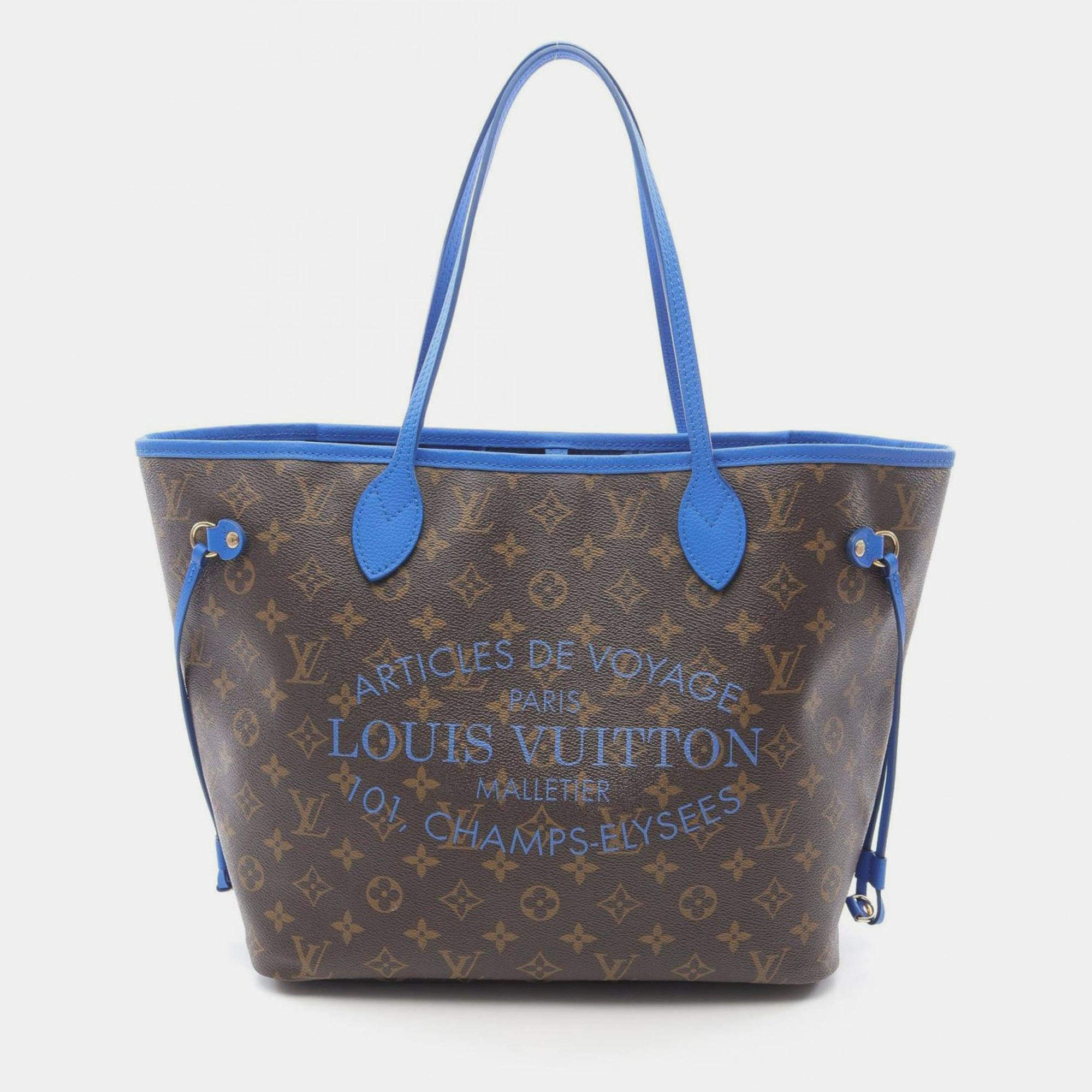 Pre Owned Louis Vuitton Neverfull Mm Tote Bag Coated Canvas And Leather With Monogram Ikat Flowers Brown Blue