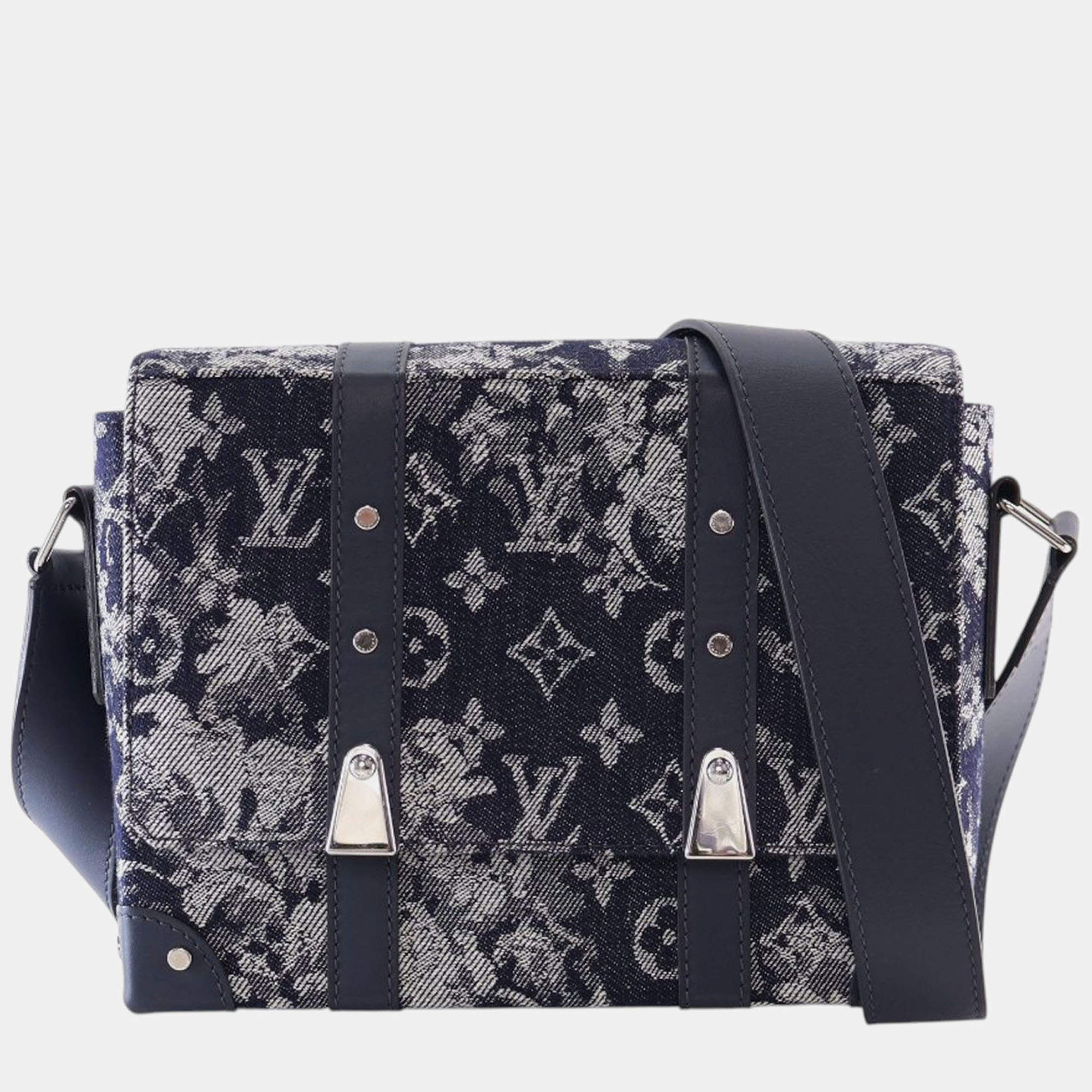 Pre Owned Louis Vuitton Navy Blue Monogram Tapestry Trunk Messenger