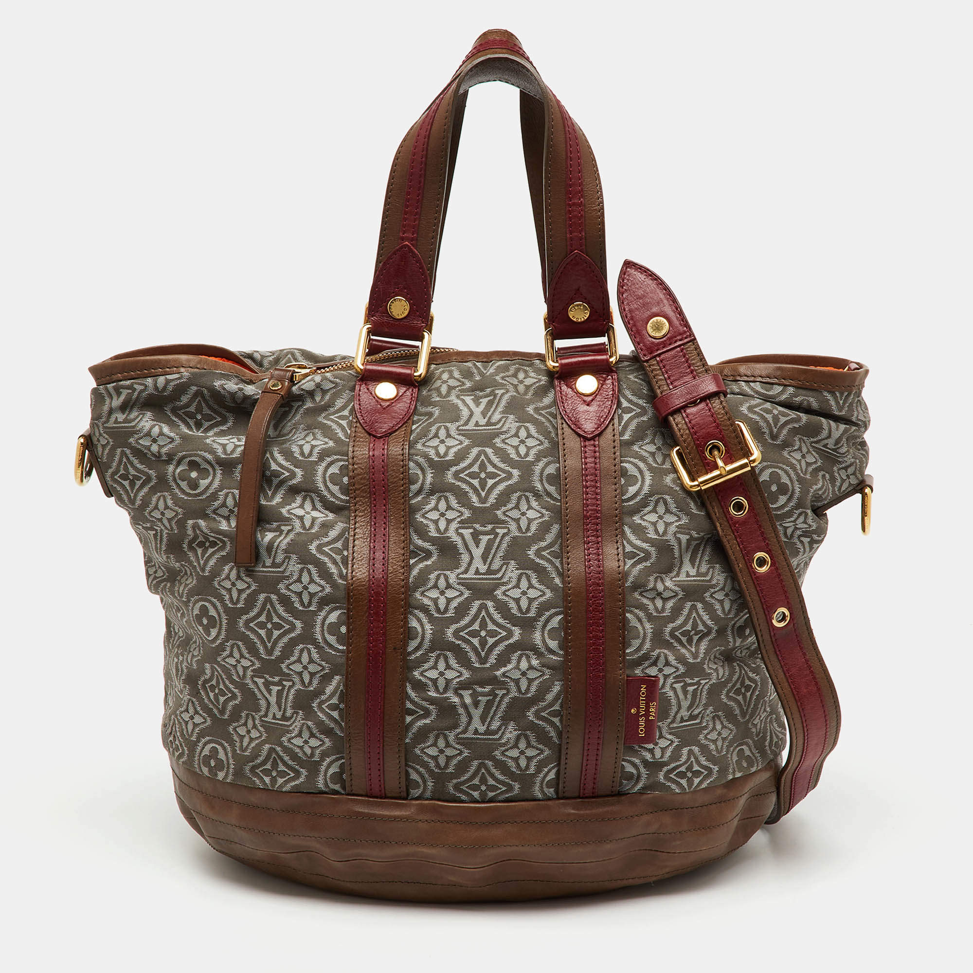 Pre Owned Louis Vuitton Grey/Khaki Monogram Jacquard Fabric and Leather Limited Edition Aviator Bag