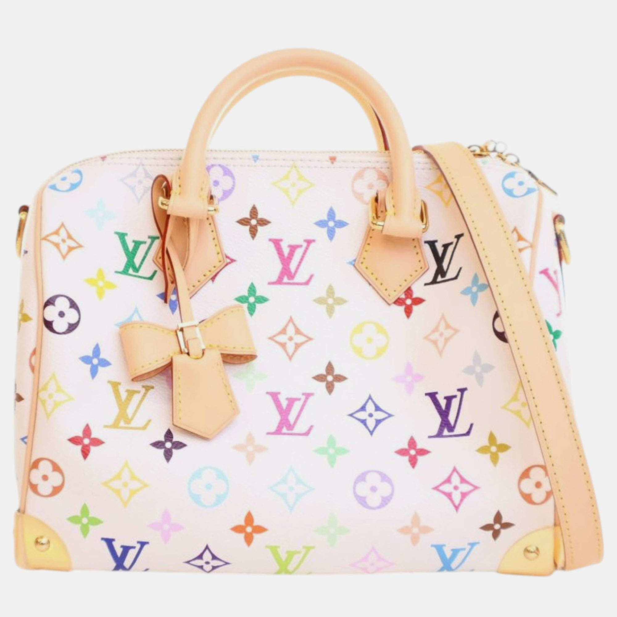 Pre Owned Louis Vuitton White Takashi Murakami Monogram Multicolore Speedy Bandouliere 25
