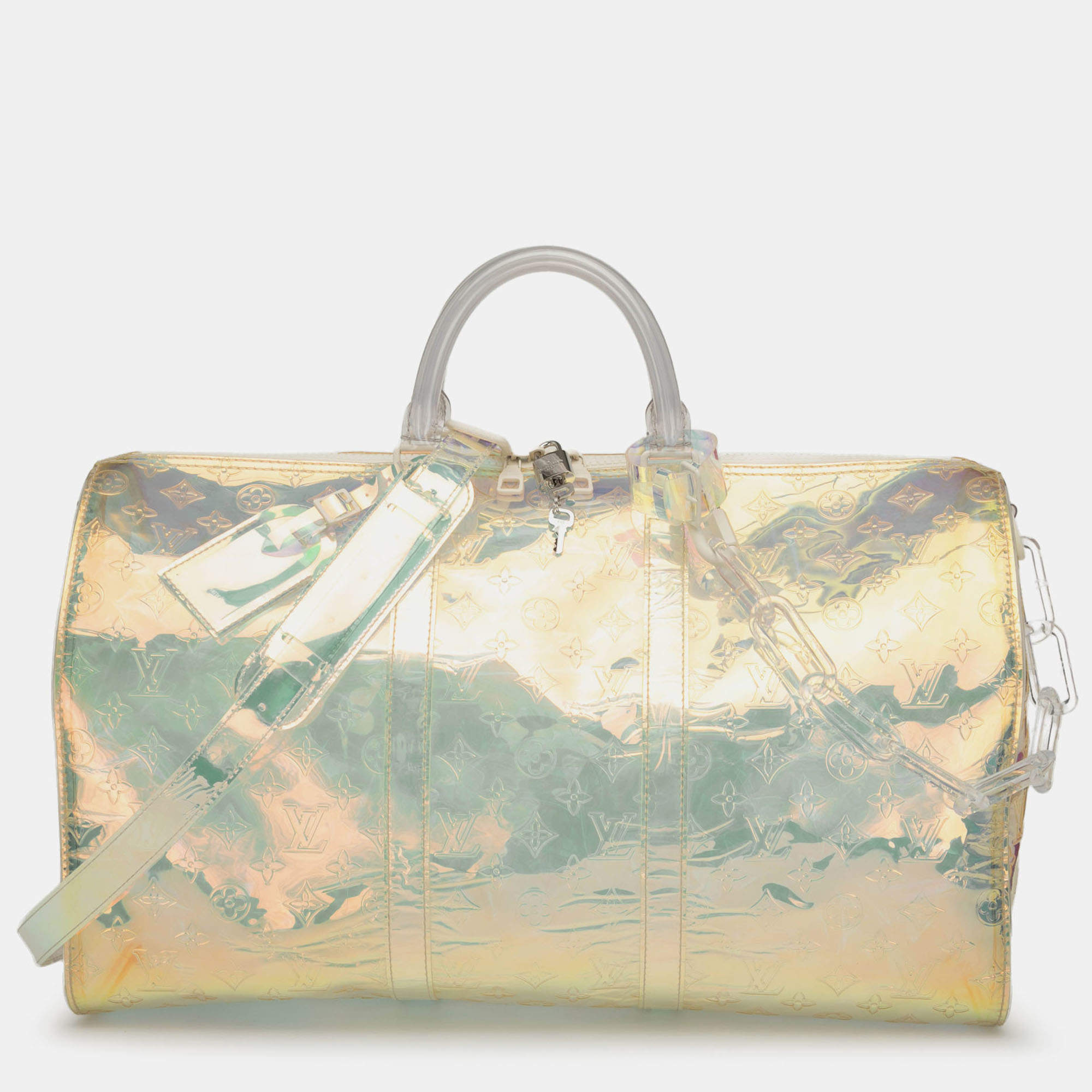 Pre Owned Louis Vuitton White Monogram Prism Keepall Bandouliere 50