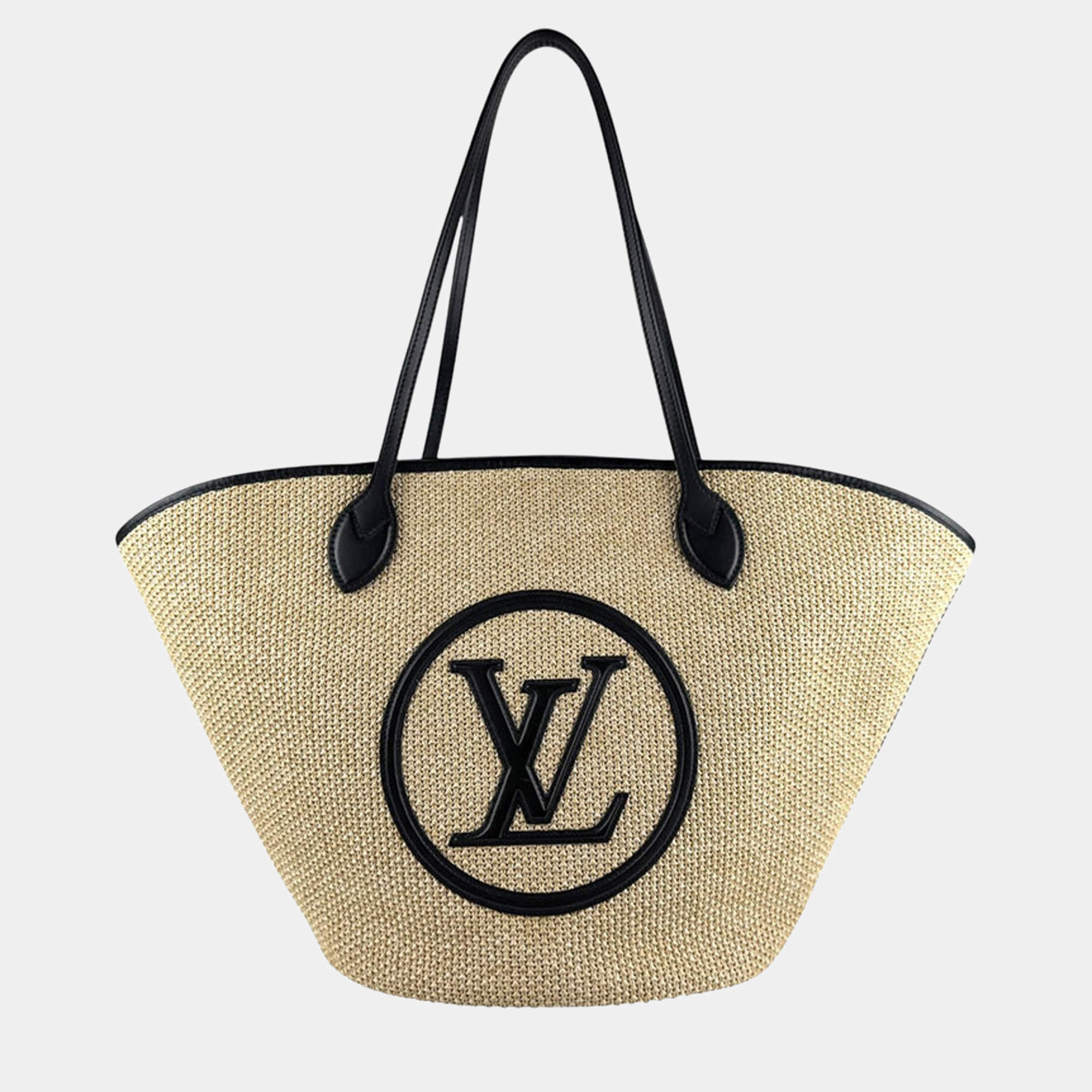 Pre Owned Louis Vuitton Saint Jacques Raffia Leather Shoulder Bag  Tote Beige  Black