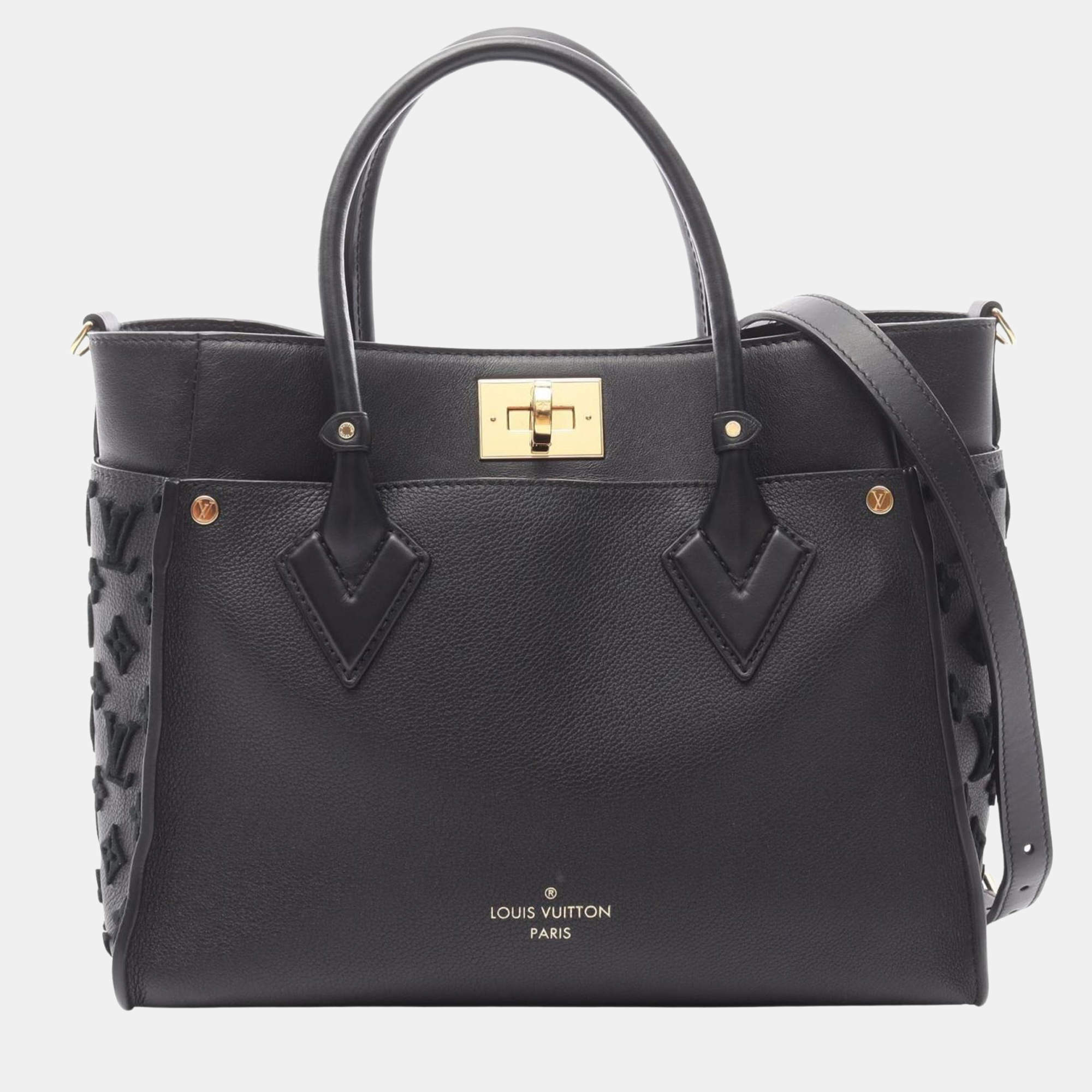 Pre Owned Louis Vuitton On My Side Mm Handbag  Monogram Tufted Leather  Black