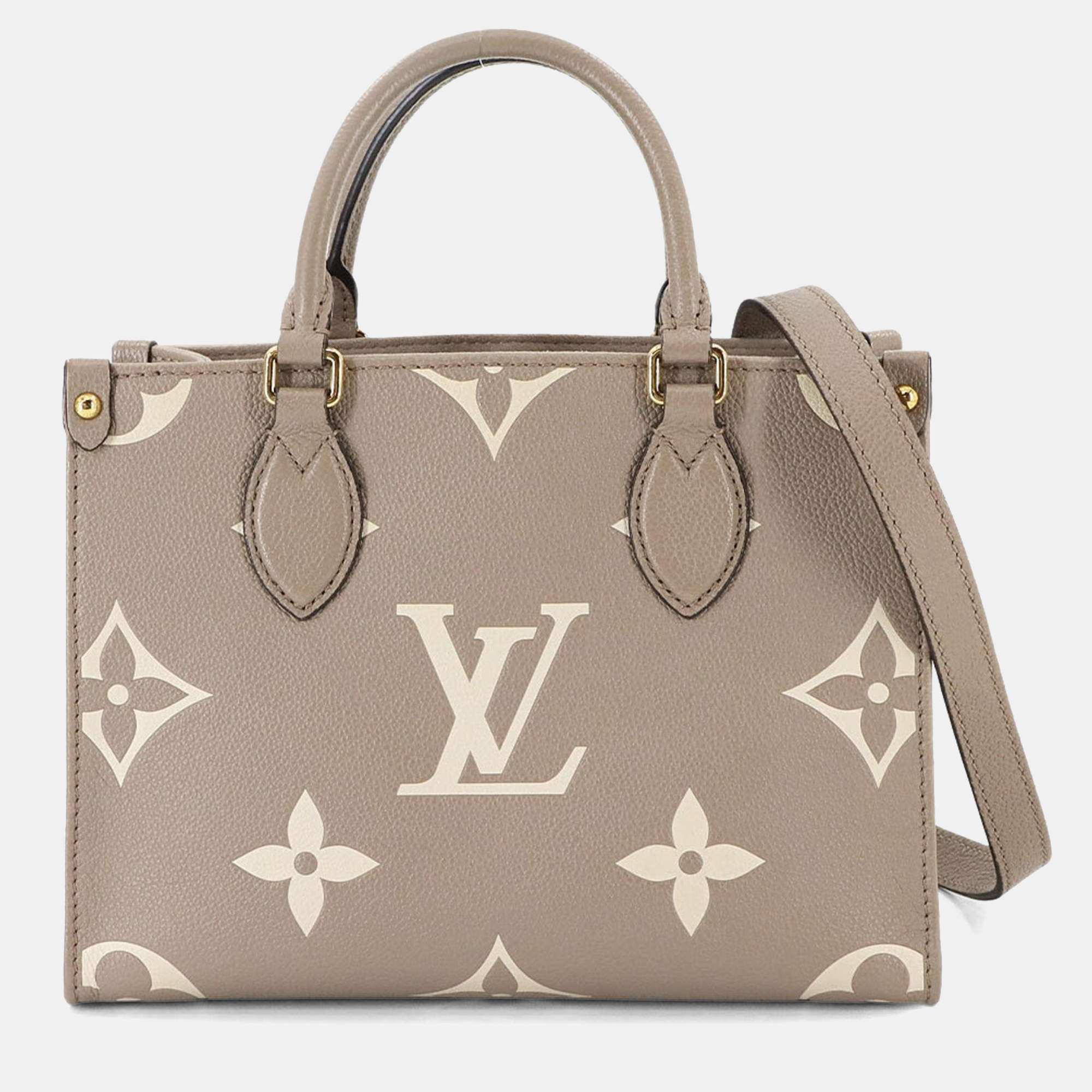 Pre Owned Louis Vuitton Two-Tone Monogram Empreinte On-The-Go Pm 2-Way Tote Tourterelle Creme