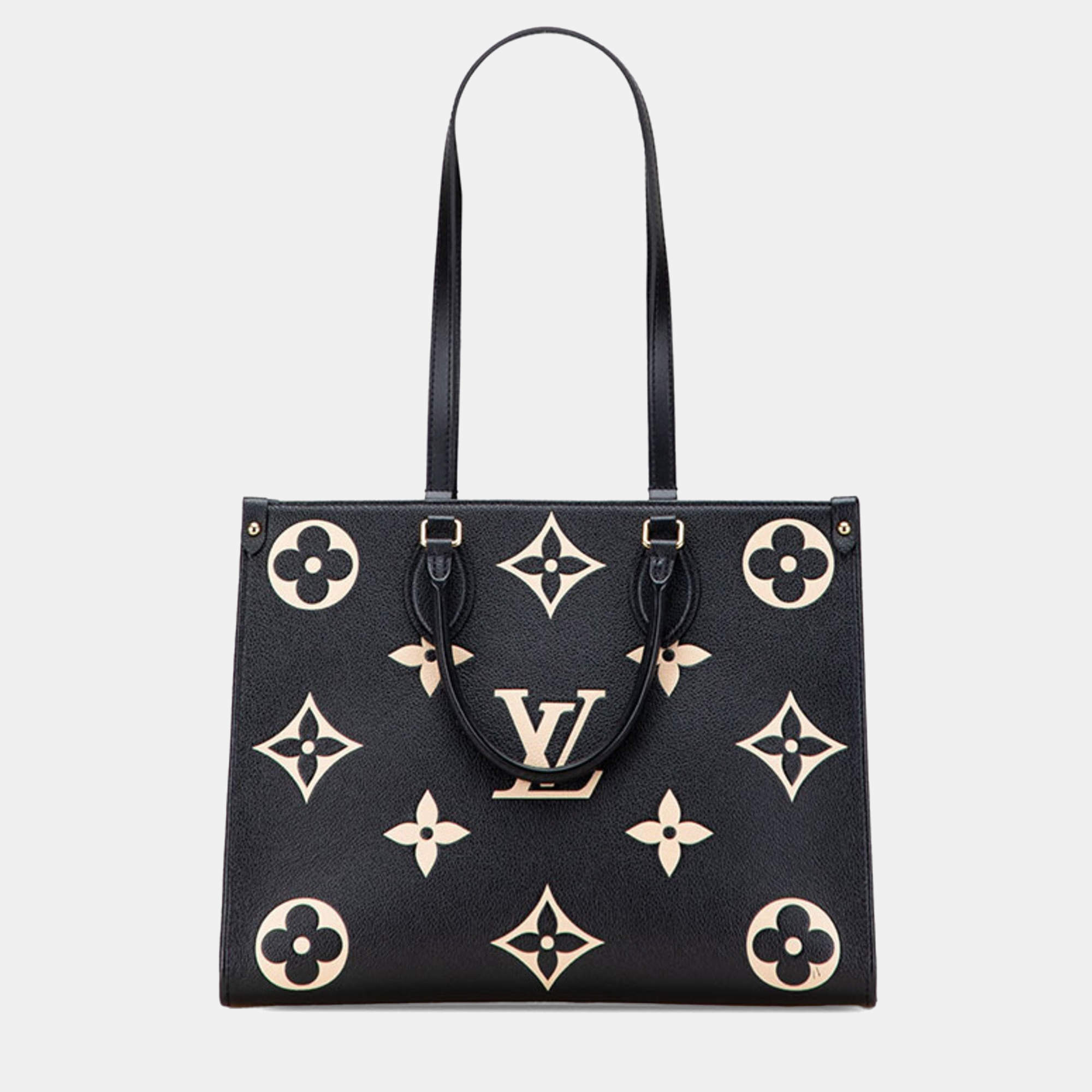 Pre Owned Louis Vuitton Two-Tone Monogram Empreinte On-The-Go Mm Tote Bag Black/Beige Leather