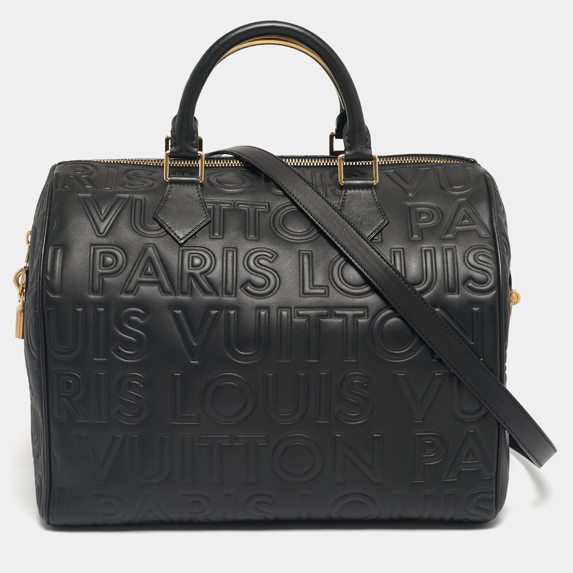 Pre Owned Louis Vuitton Black Monogram Paris Embossed Leather Limited Edition Speedy Cube 30 Bag