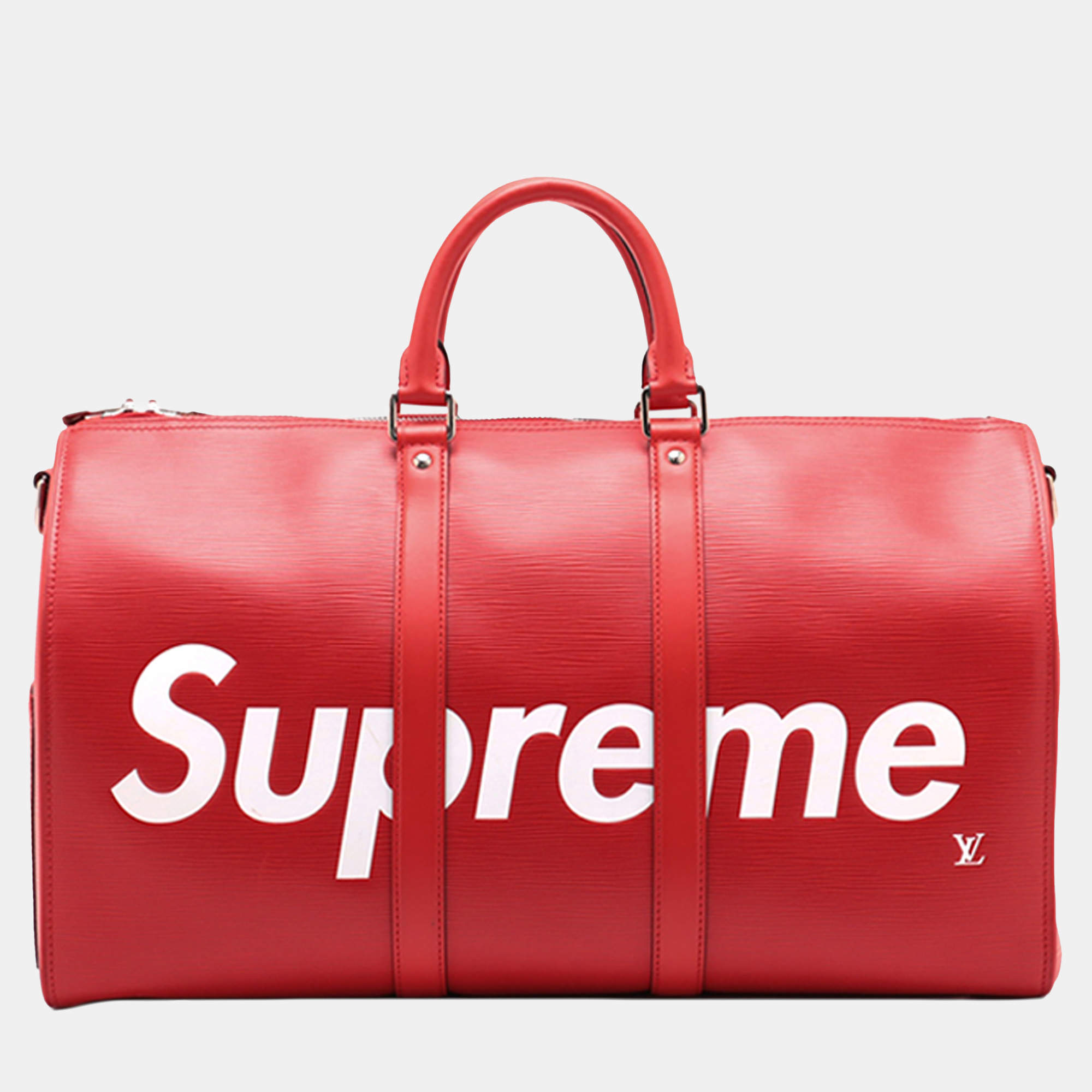 Pre Owned Louis Vuitton Red Supreme Epi Keepall Bandouliere 45