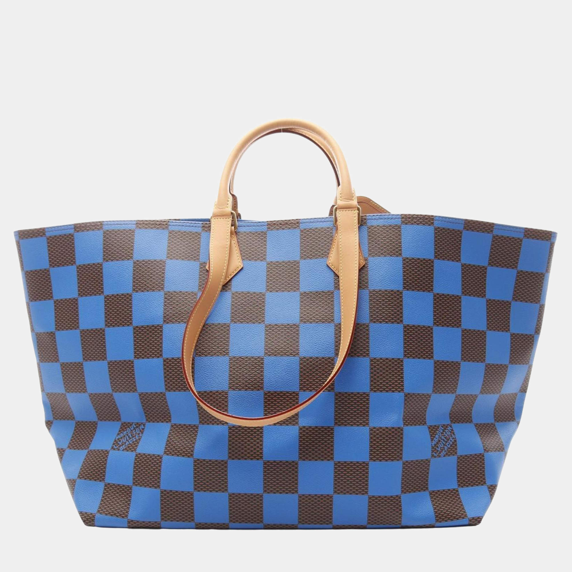 Pre Owned Louis Vuitton Sac Plat Soft EW Brown/Blue Coated Canvas Leather With Damier Pop  Tote Bag