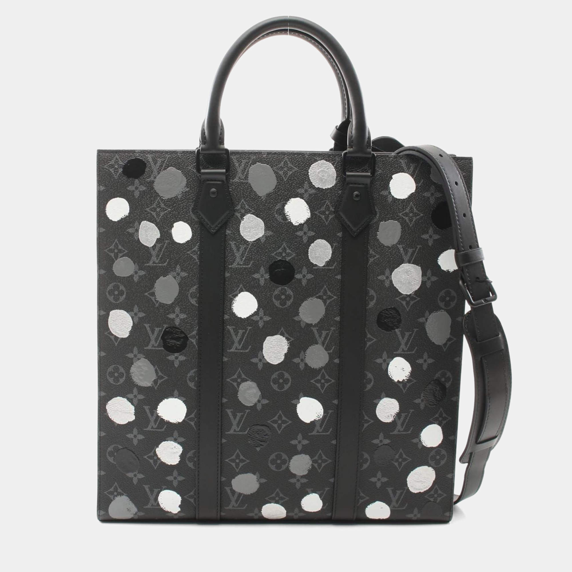 Pre Owned Louis Vuitton X Yayoi Kusama Sac Plat Black/ White Coated Canvas Leather Tote Bag