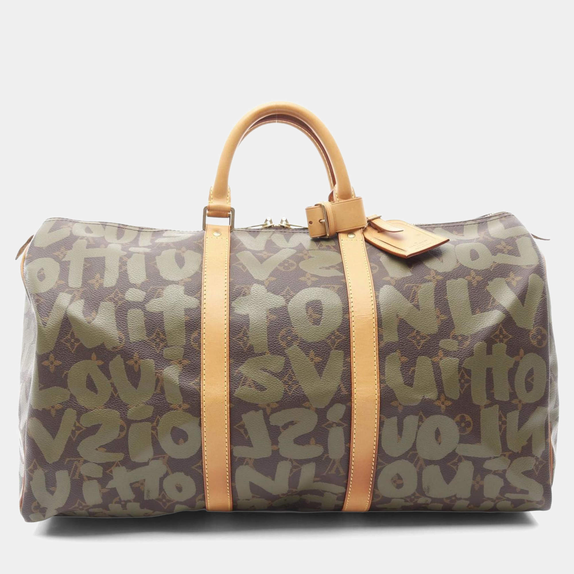 Pre Owned Louis Vuitton Keepall 50 Boston Bag Coated Canvas And Leather Monogram Graffiti Brown Khaki