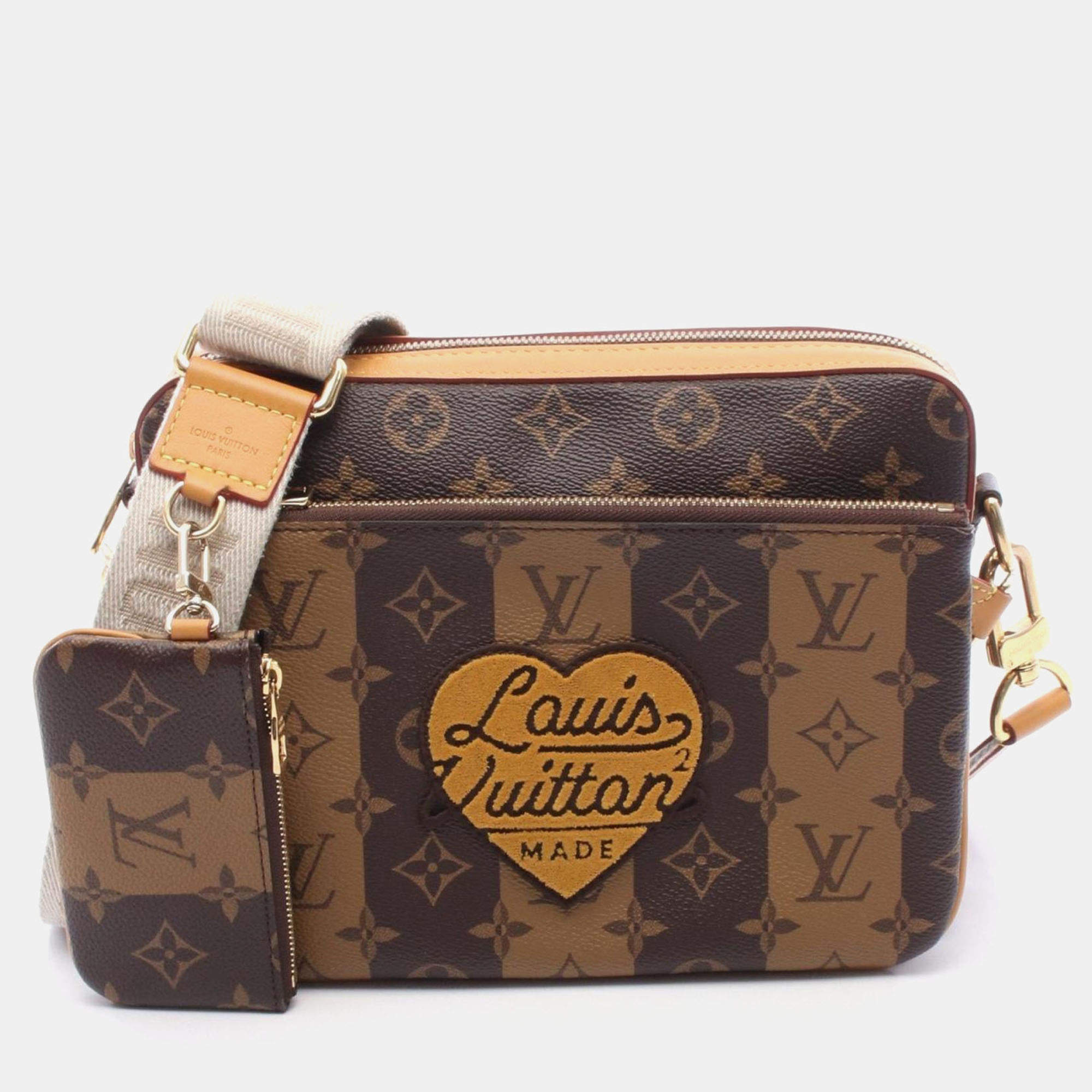 Pre Owned Louis Vuitton X Nigo Trio Messenger Bag Lv Squared Shoulder Coated Canvas And Leather With Monogram Stripe Brown