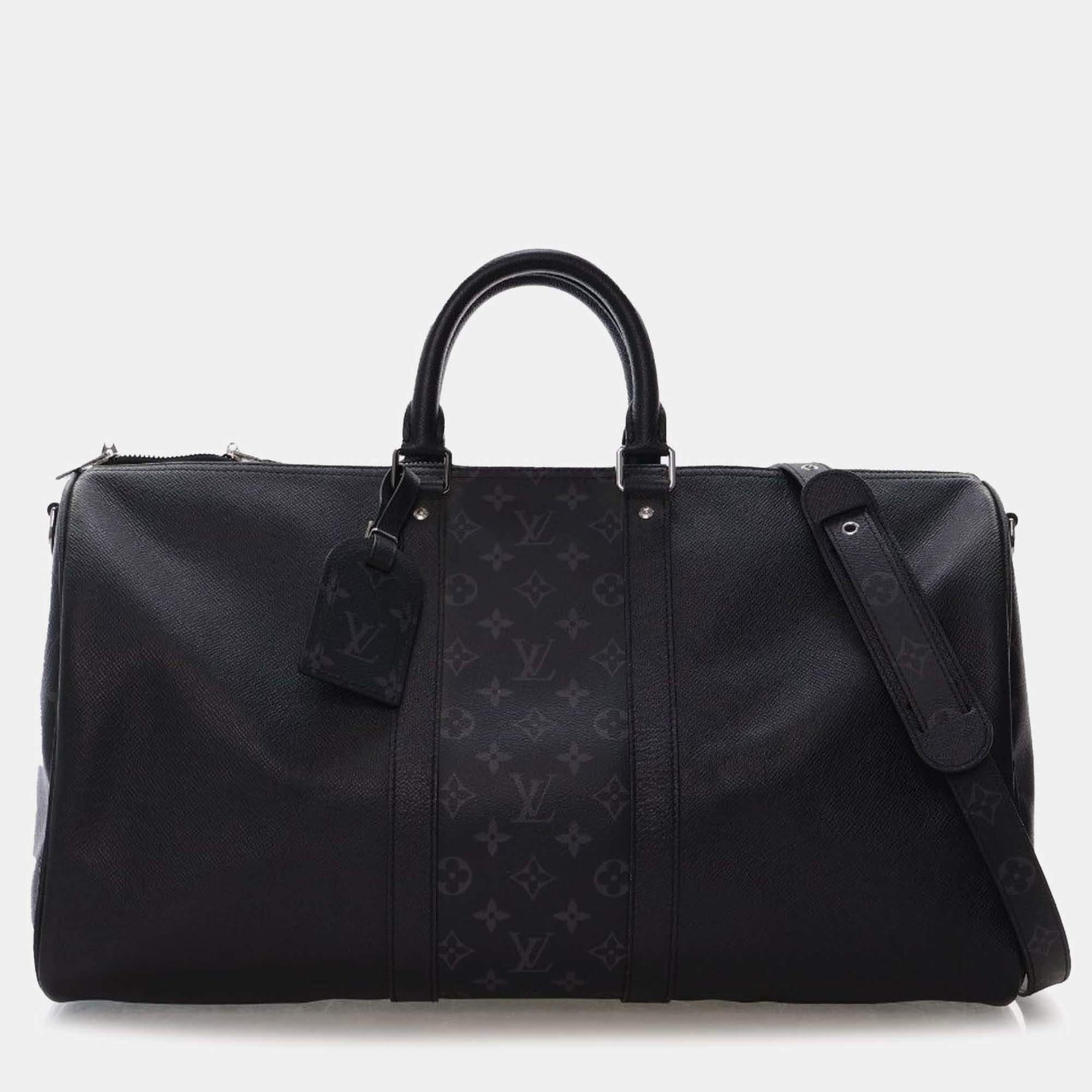 Pre Owned Louis Vuitton Black Taigarama Keepall Bandouliere 50