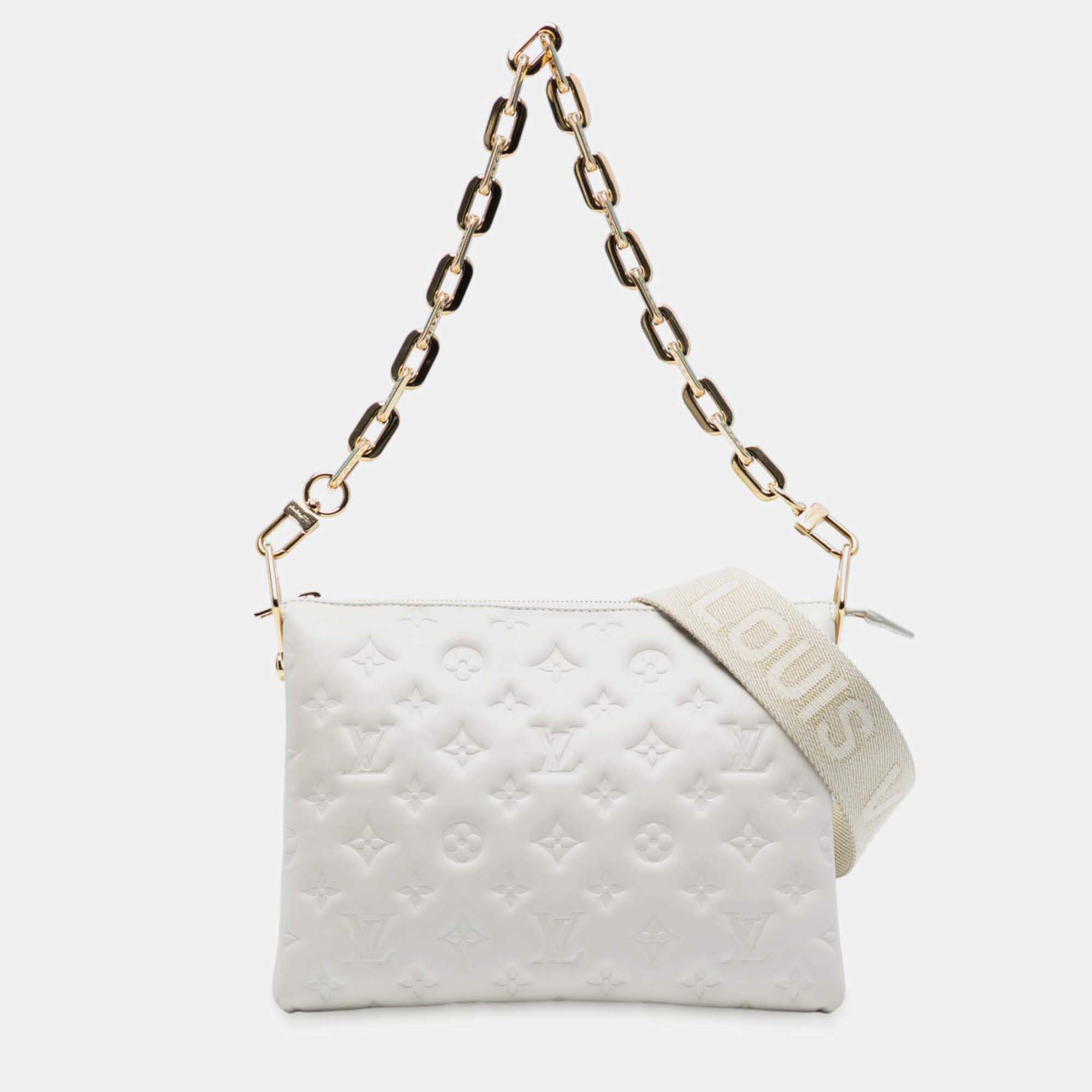 Pre Owned Louis Vuitton White Monogram Embossed Puffy Lambskin Coussin PM