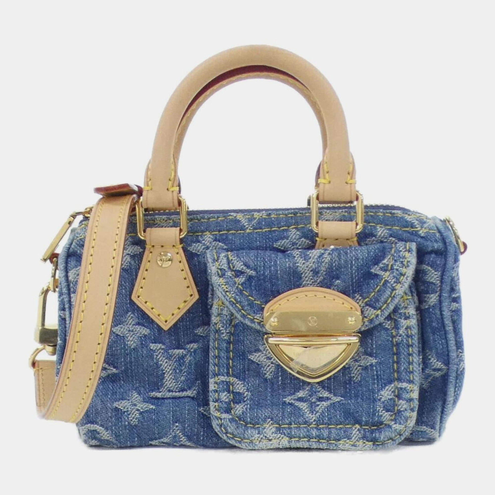 Pre Owned Louis Vuitton Lv Remix Monogram Denim Nano Speedy Handbag