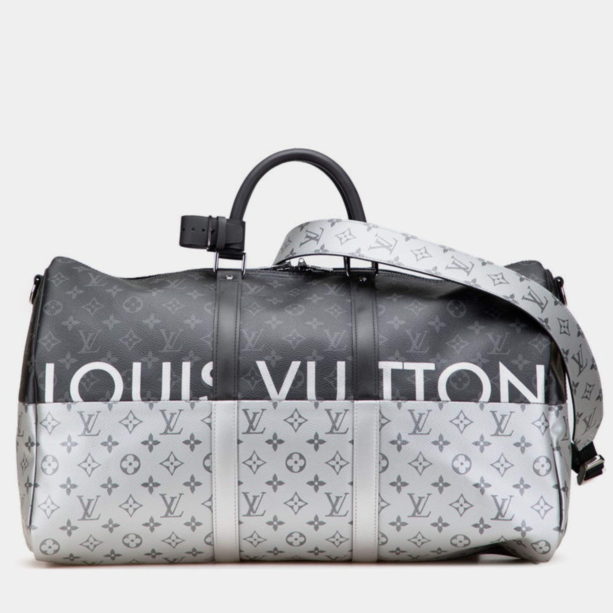 Pre Owned Louis Vuitton Monogram Eclipse Split Keepall Bandouliere 50 Boston/Shoulder Bag Silver Black Pvc And Leather