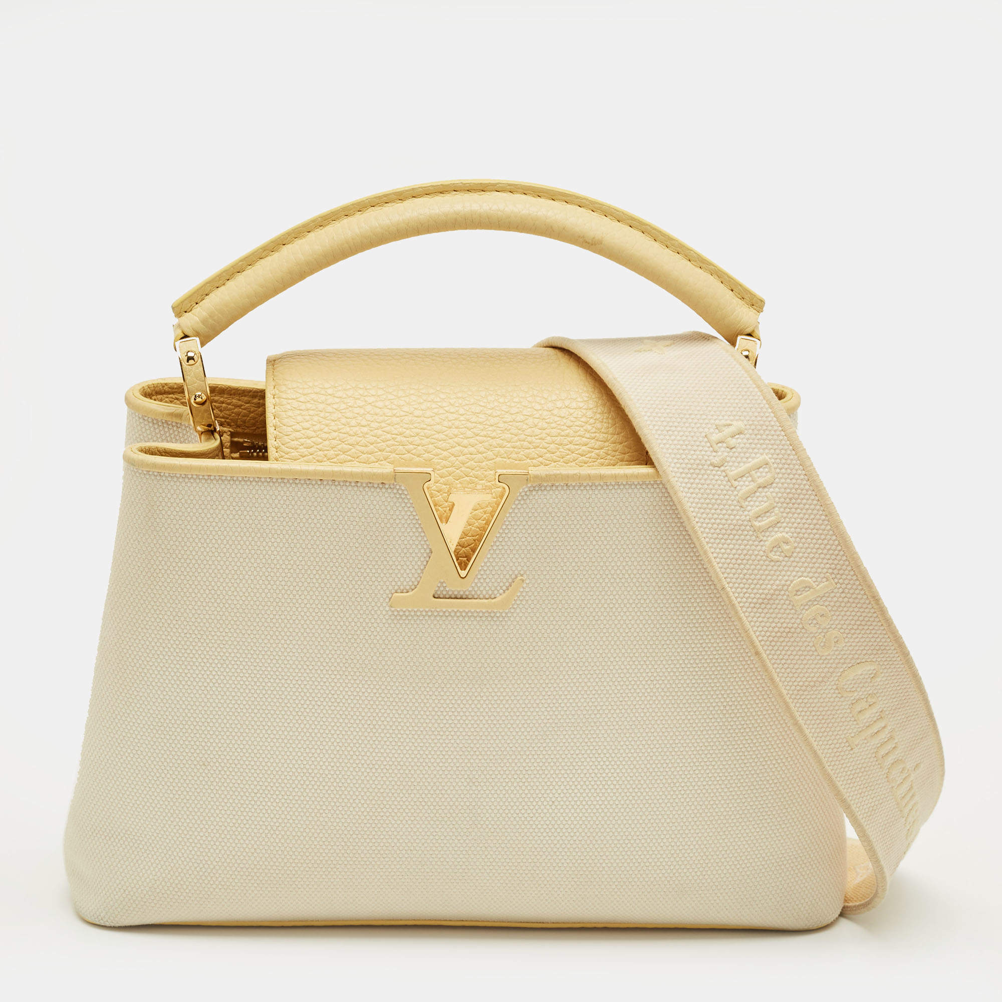 Pre Owned Louis Vuitton Yellow/Beige Leather and Canvas Capucines BB Bag