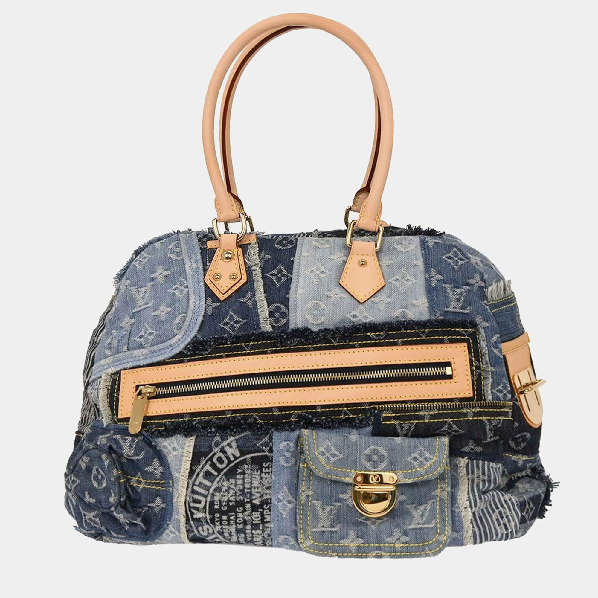 Pre Owned Louis Vuitton Blue Monogram Denim Patchwork Bowly Handbag