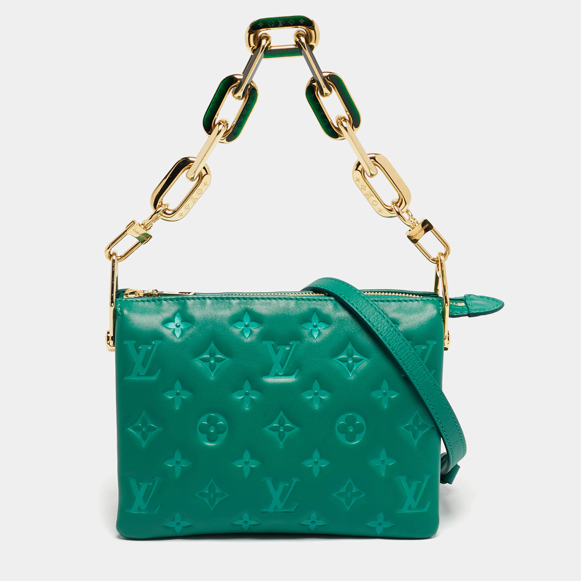 Pre Owned Louis Vuitton Green Monogram Embossed Leather Coussin BB Bag