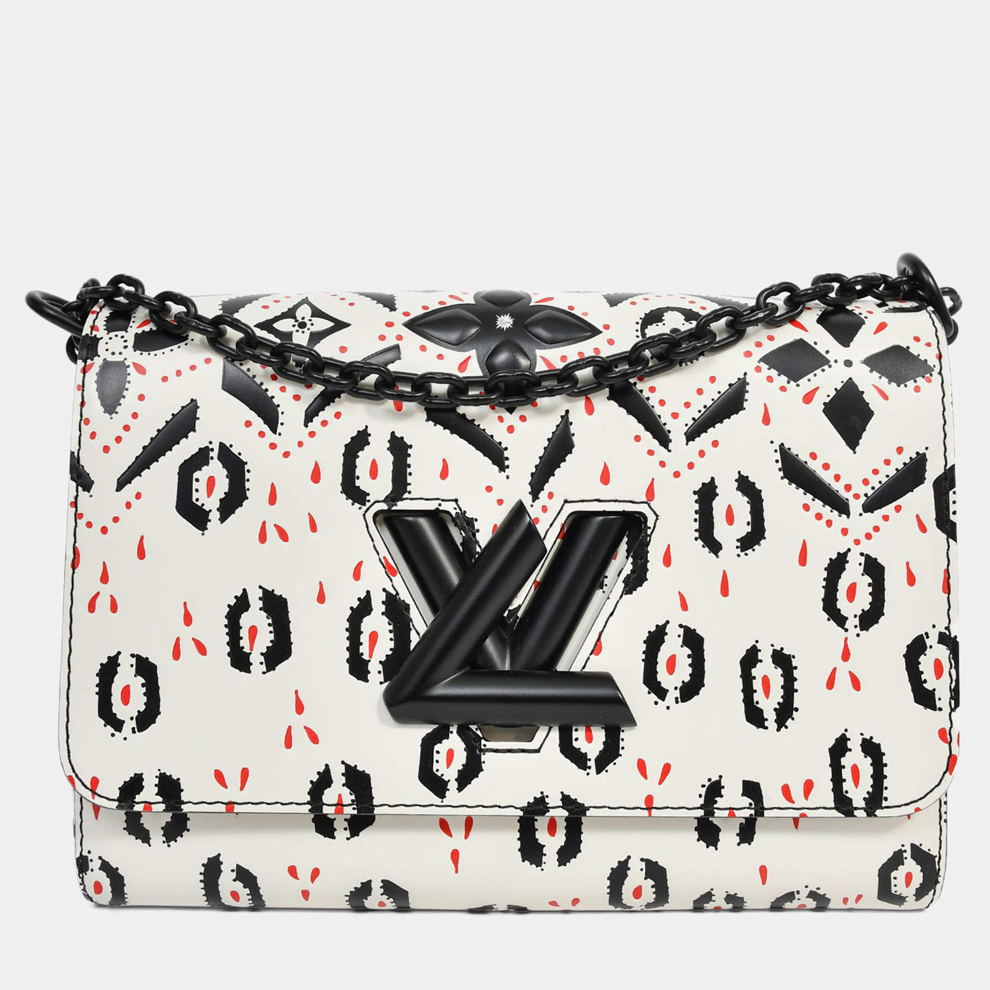 Pre Owned Louis Vuitton 2015 White/Black Graphic Printed Leather Twist MM Chain Bag