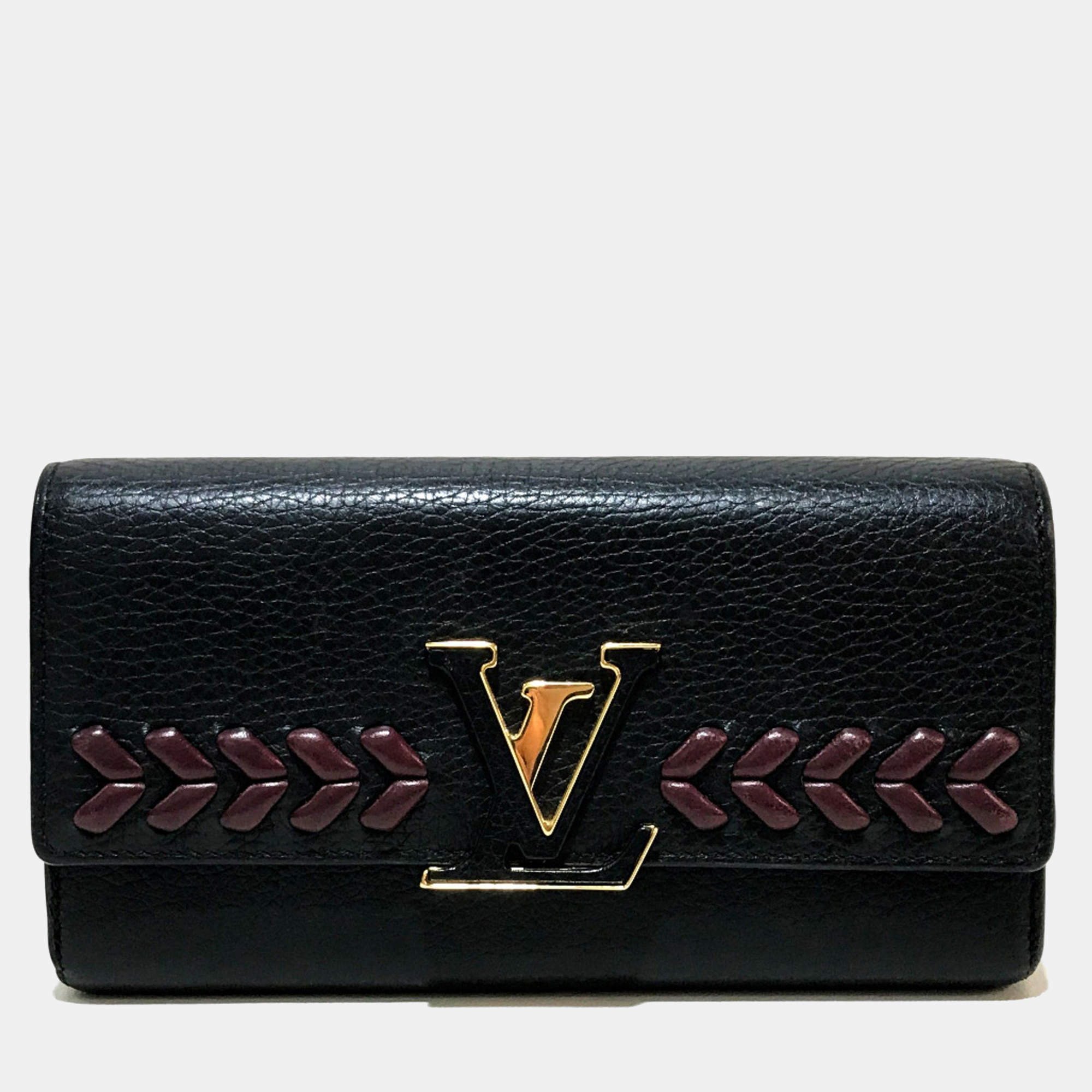Pre Owned Louis Vuitton Taurillon Clemence Long Wallet Folded Wallet Noir Black