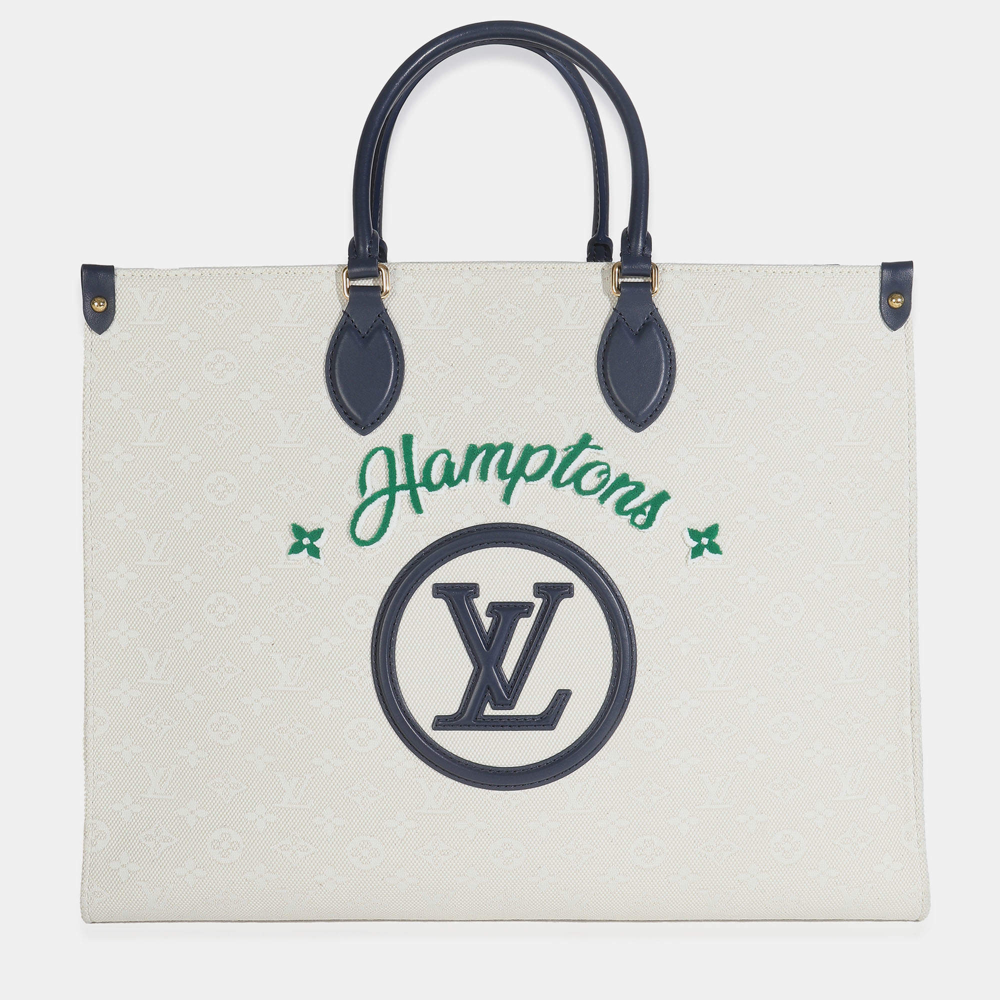 مملوكة مسبقًا Louis Vuitton Blue Beige Jacquard Embroidered Tufted Monogram Hamptons Onthego G
