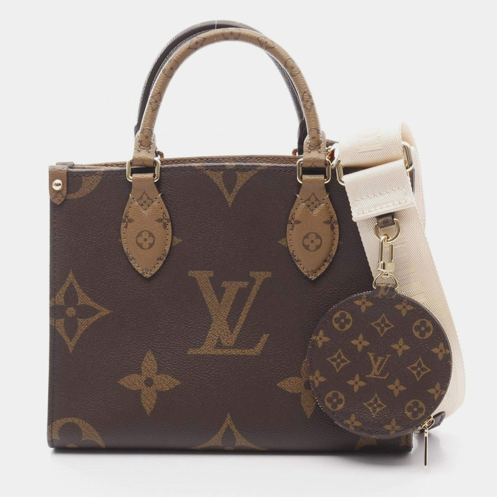 Pre Owned Louis Vuitton On The Go Pm Monogram Reverse Handbag Coated Canvas Brown Beige