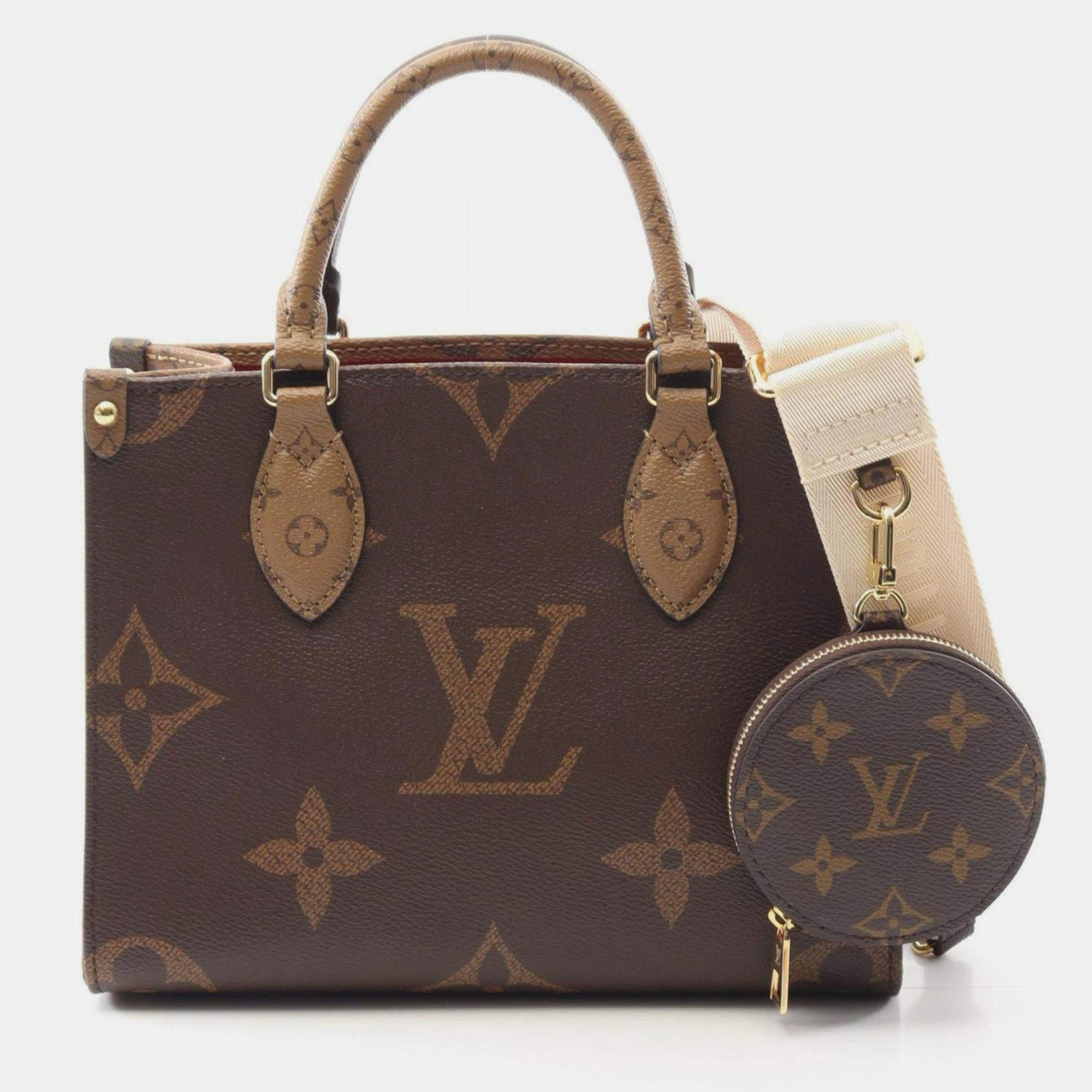 Pre Owned Louis Vuitton On The Go Pm Handbag In Coated Canvas With Monogram Giant Reverse Brown And Beige