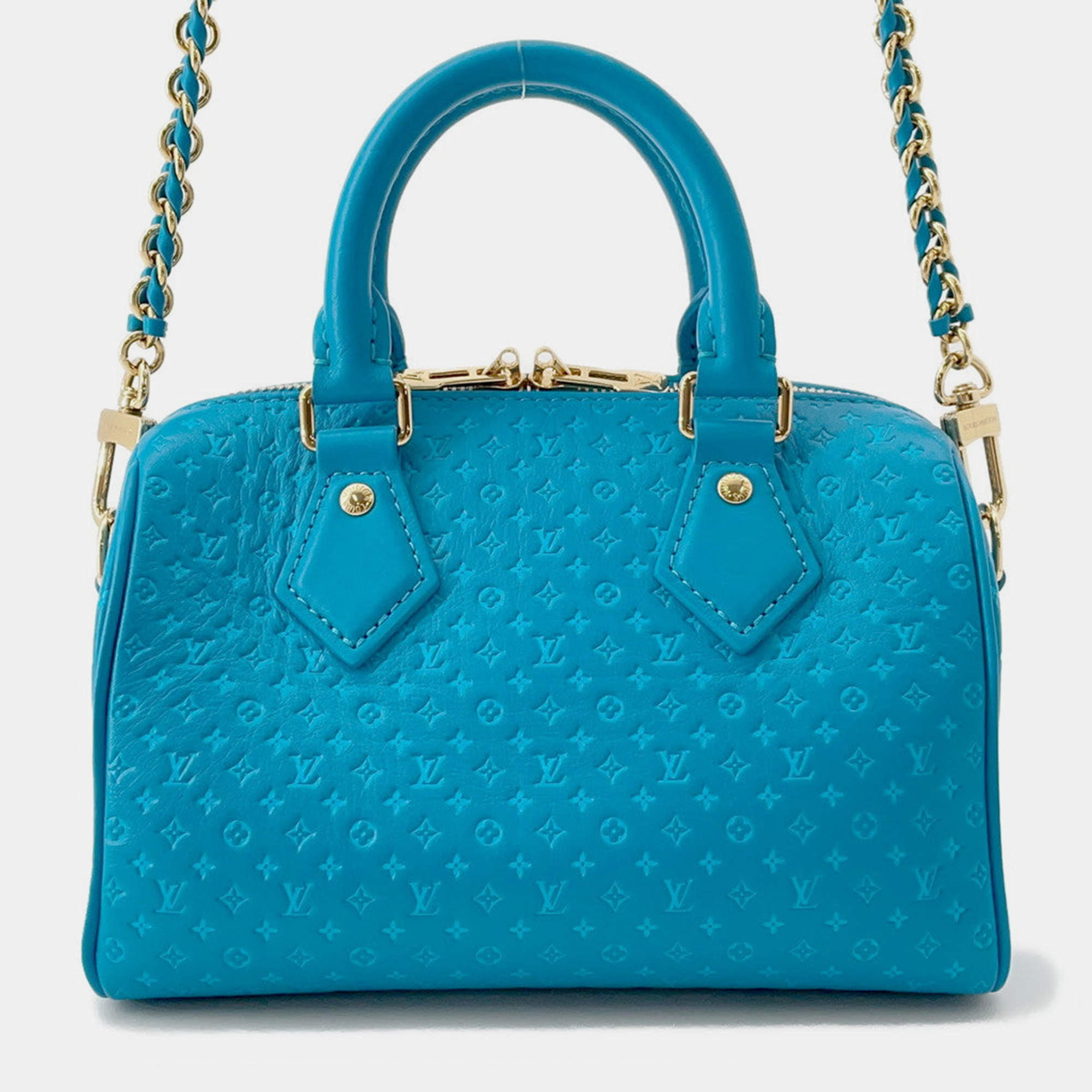 Pre Owned Louis Vuitton Nanogram Speedy Bandouliere Blue Monogram Calf Leather Size 20