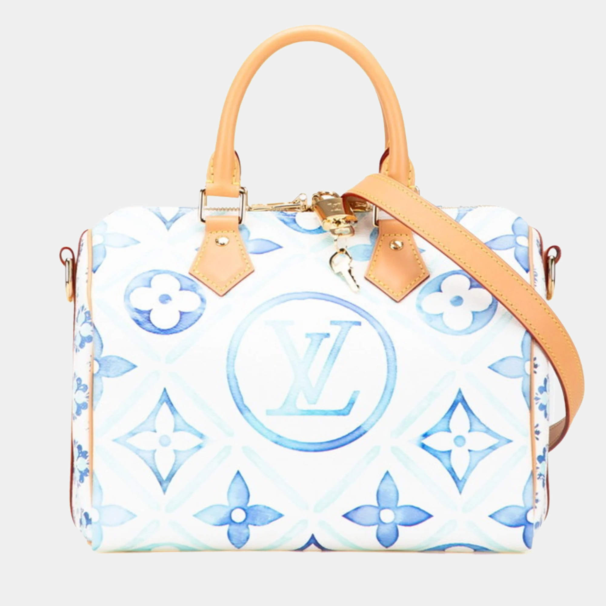 Pre Owned حقيبة لوي فيتون مونوغرام تايل سبيدي باندوليير 25 جلد أبيض أزرق لاجون