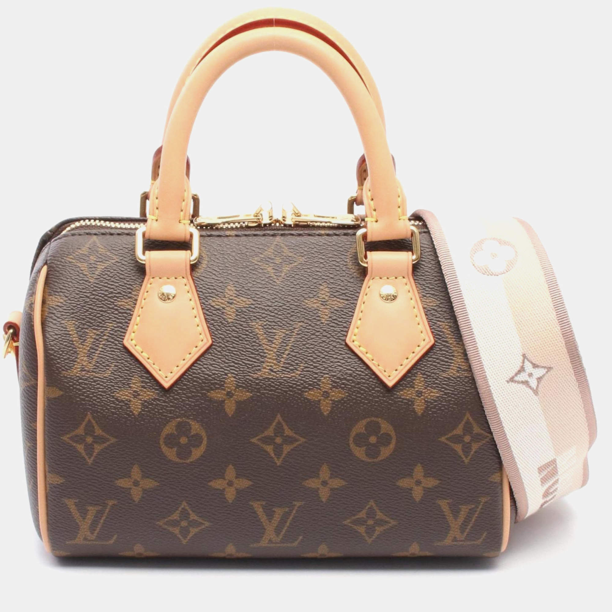Pre Owned Louis Vuitton Speedy Bandouliere 20 Monogram Beige Handbag Coated Canvas And Leather Brown