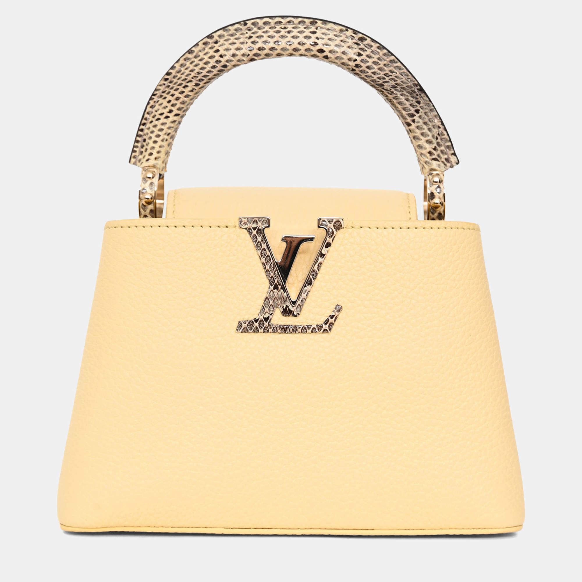 Pre Owned Louis Vuitton Pale Yellow Grained Leather Python Trim Mini Capucines Top Handle with Strap