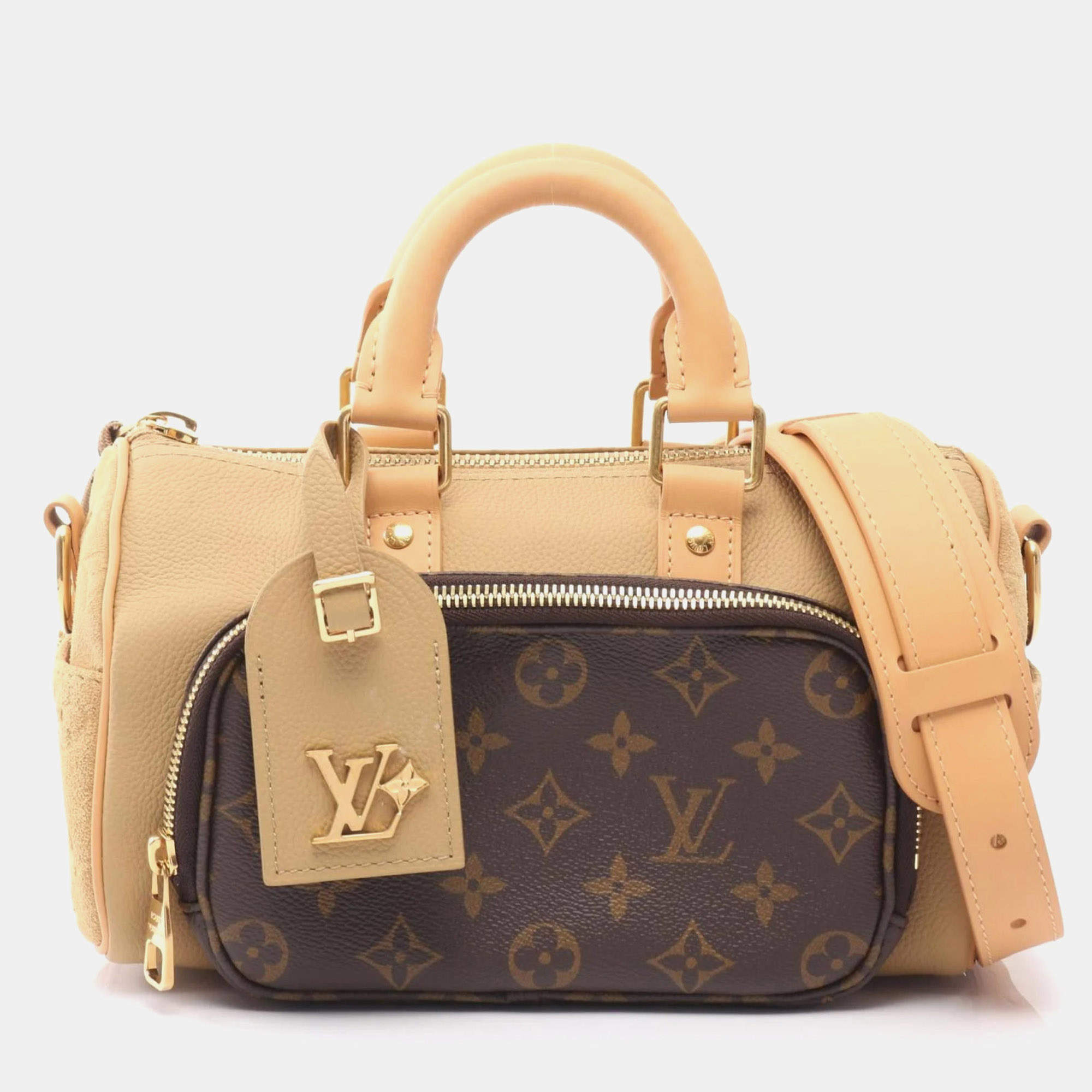 Pre Owned Louis Vuitton Keepall Bandouliere 25 Monogram Handbag Leather And Suede Beige Brown