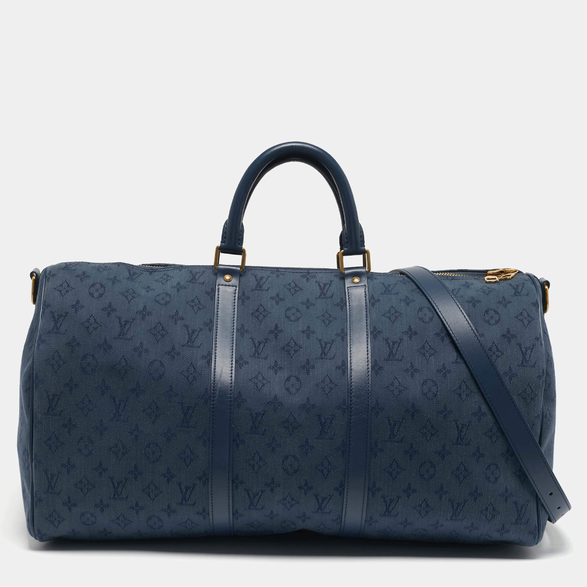 Pre Owned Louis Vuitton Keepall Bandouliere 50 Navy Monogram Denim Duffel Bag