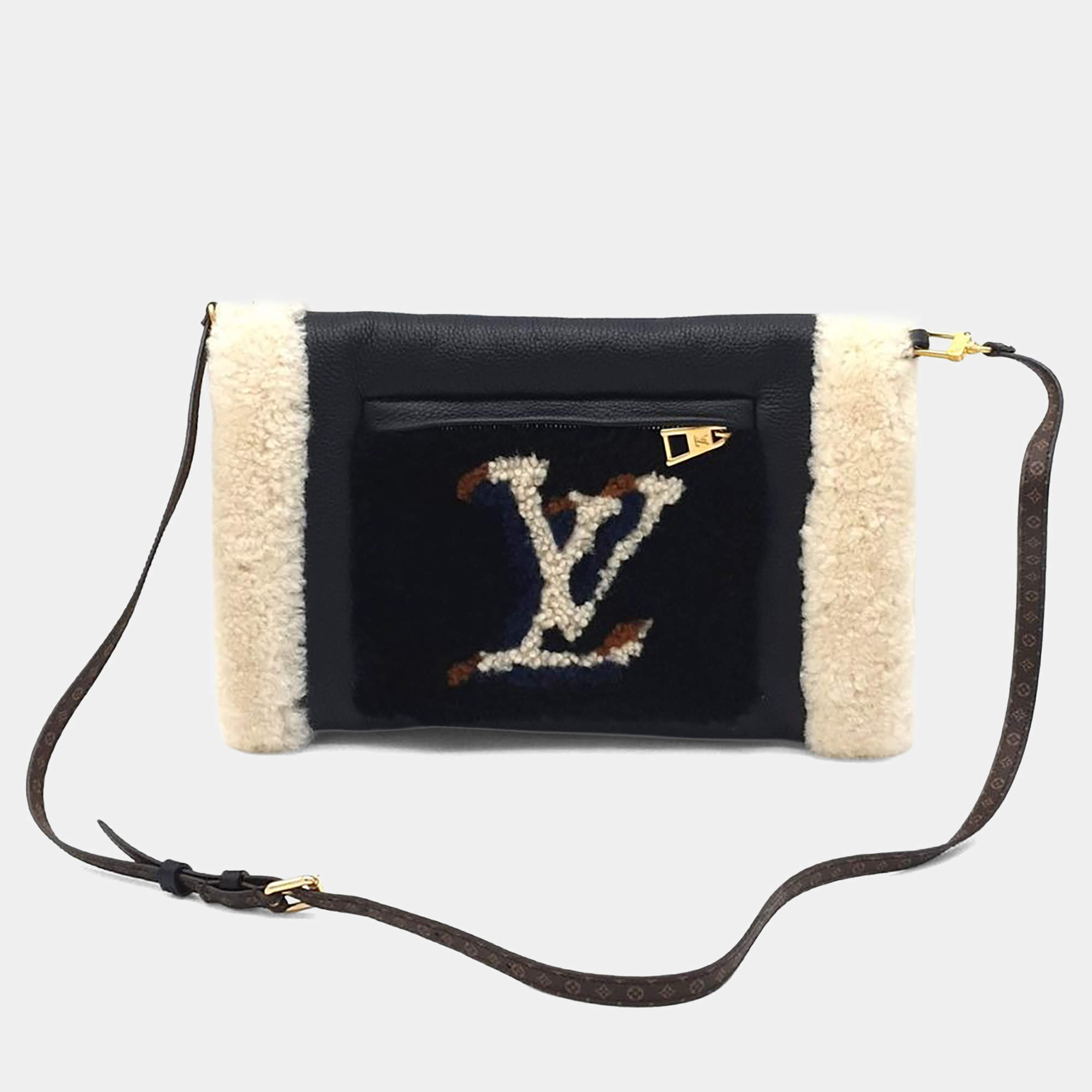Pre Owned Louis Vuitton Beige, White Calf Leather and Shearling Fur Teddy Muffle Handbag