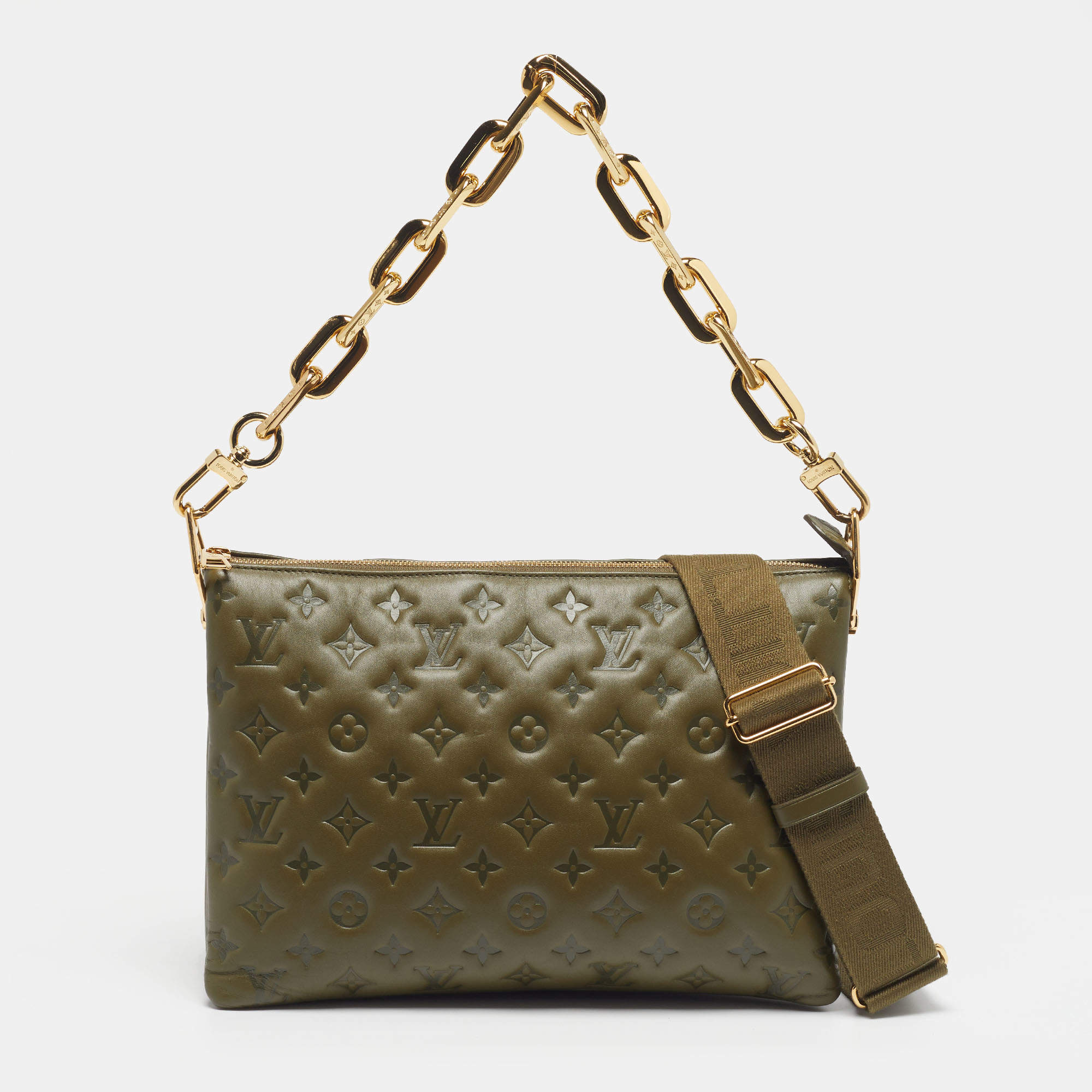 Pre Owned Louis Vuitton Coussin MM Khaki Monogram Embossed Leather Shoulder Bag