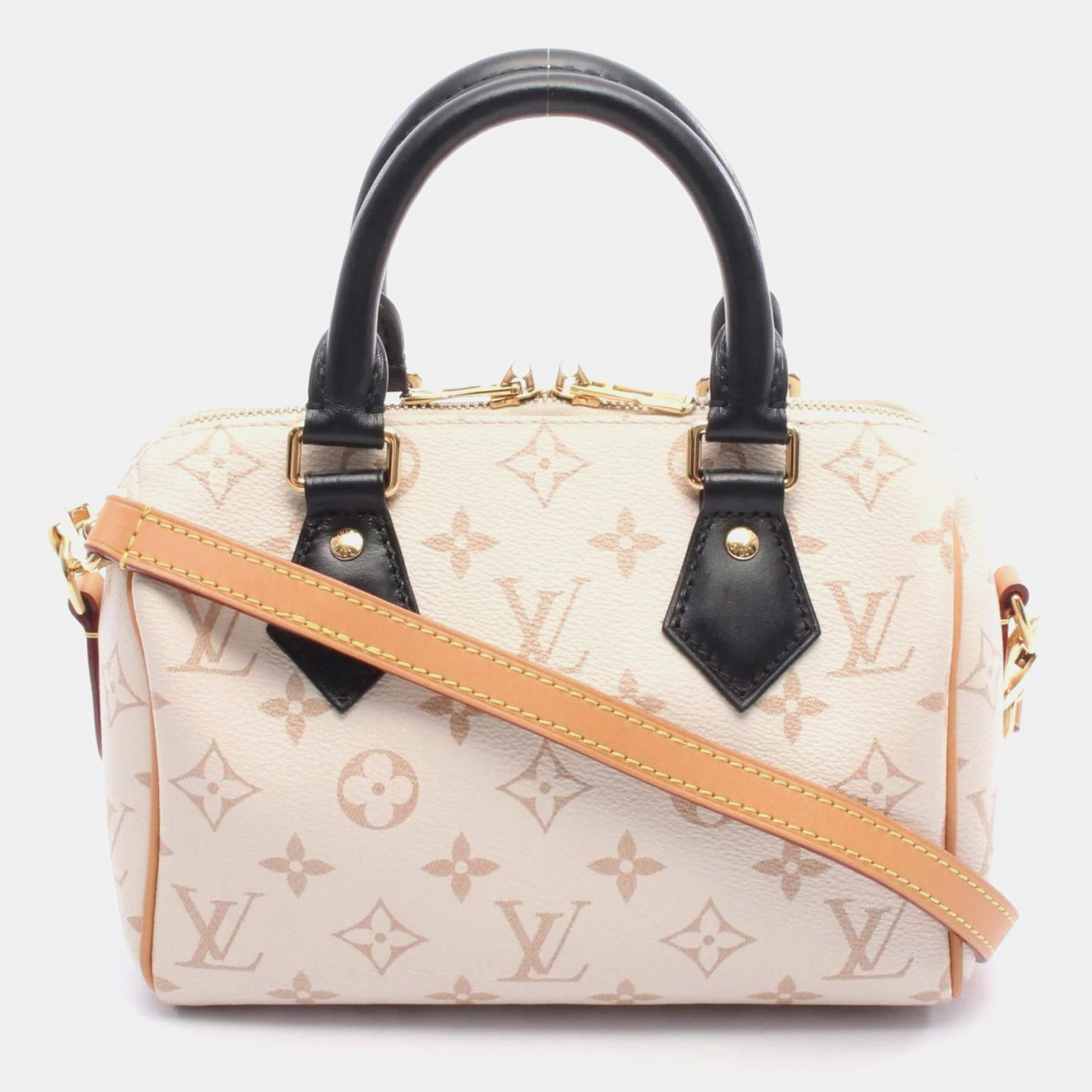 Pre Owned Louis Vuitton Speedy Bandouliere 20 Handbag Coated Canvas And Leather Monogram White Beige Black