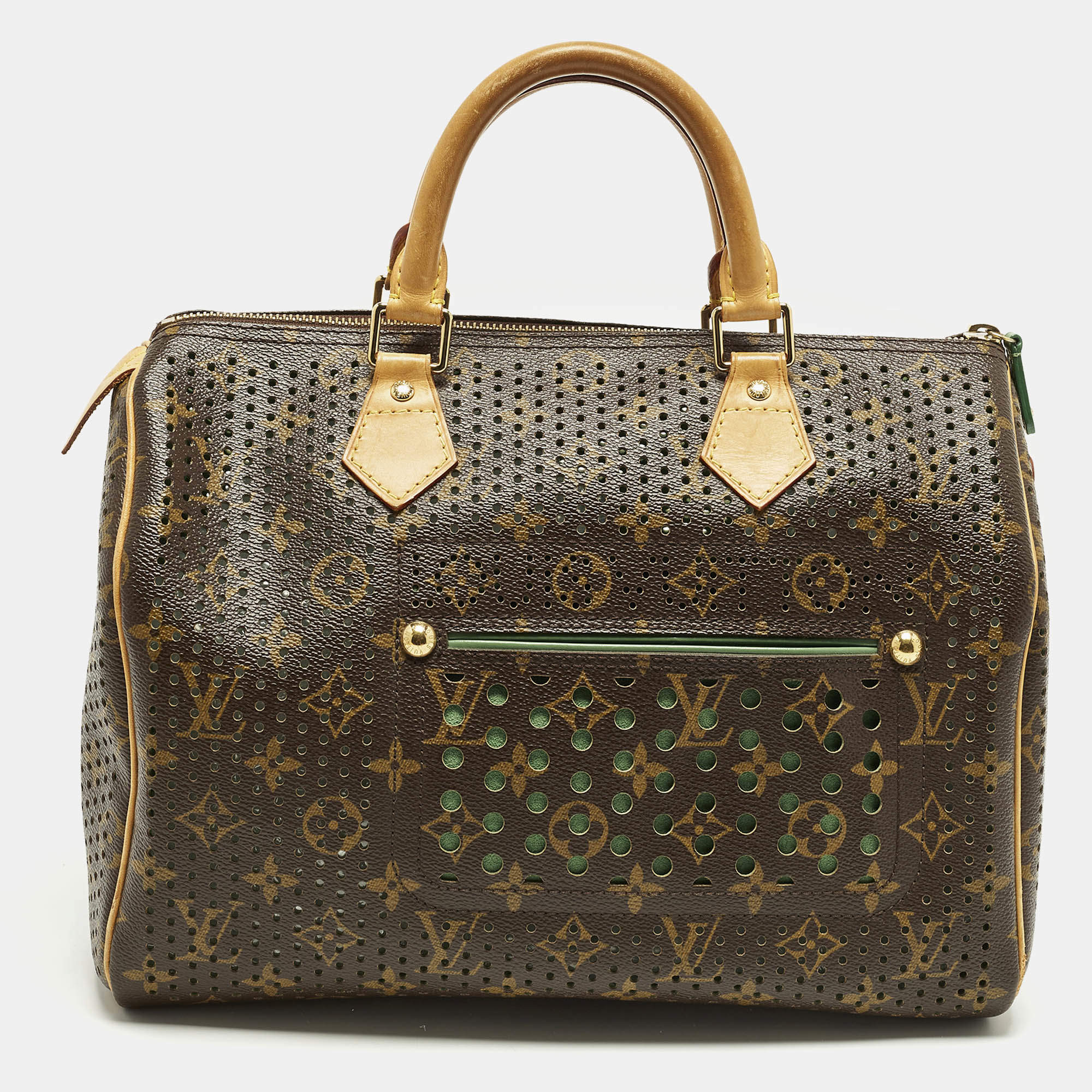 Pre Owned Louis Vuitton Speedy 30 Limited Edition Green Monogram Perforated Canvas Satchel