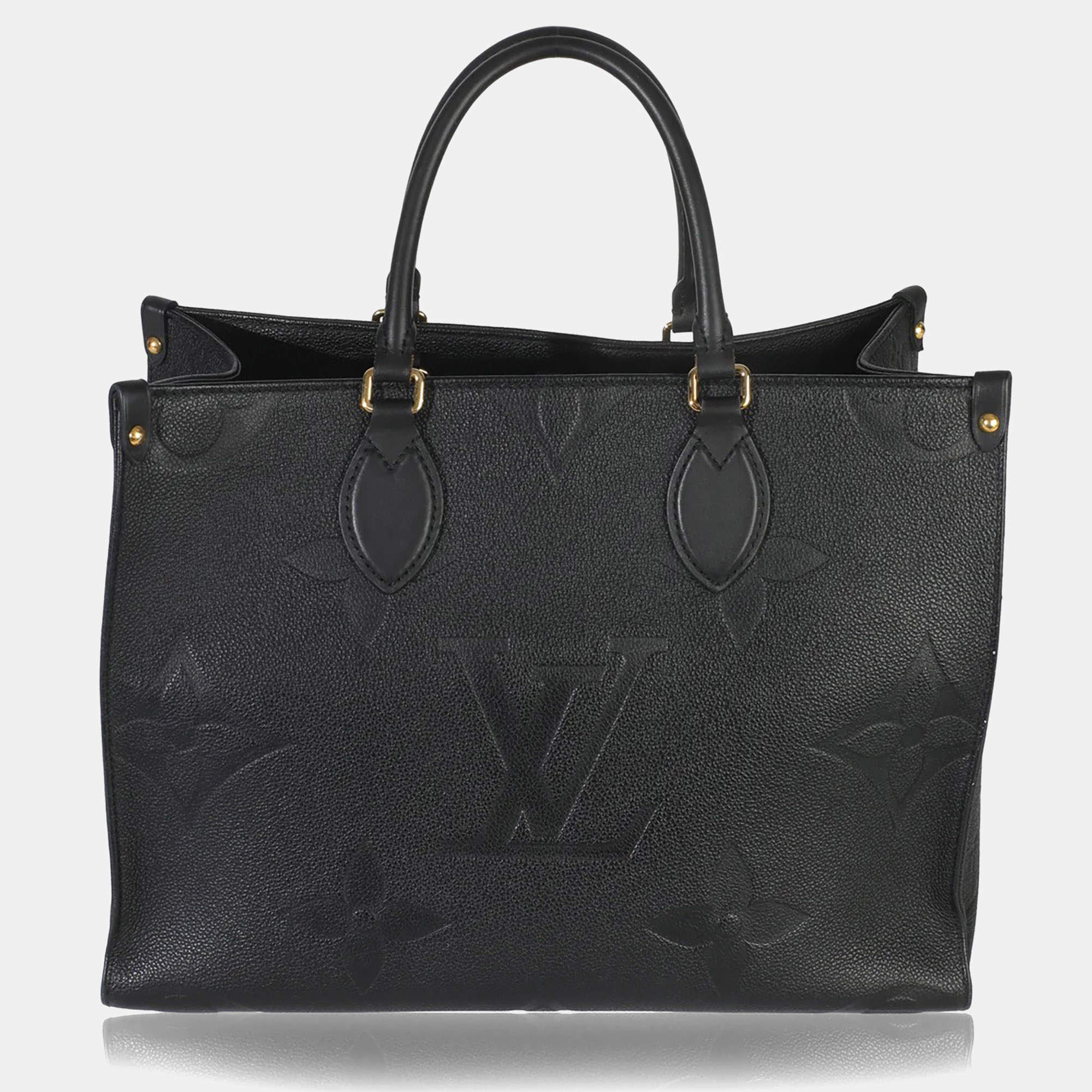 Pre Owned Louis Vuitton Onthego MM Black Giant Monogram Empreinte Leather Tote Bag